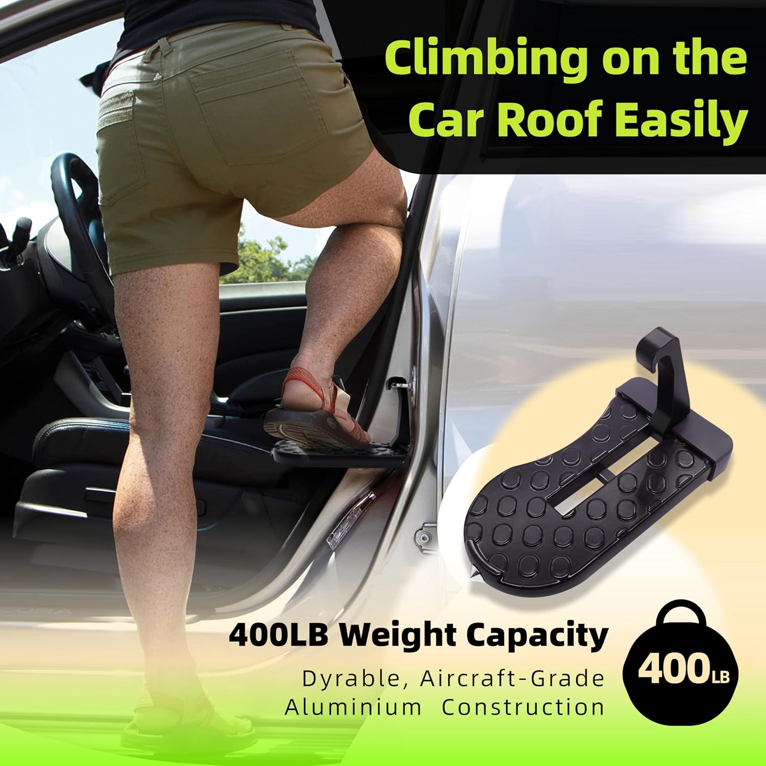 Car Door Step with Roof Rack Mount, 400lb Capacity, Aircraft-Grade Aluminum, Anti-Slip Surface, 6.3-inch Platform, Black - Image 2