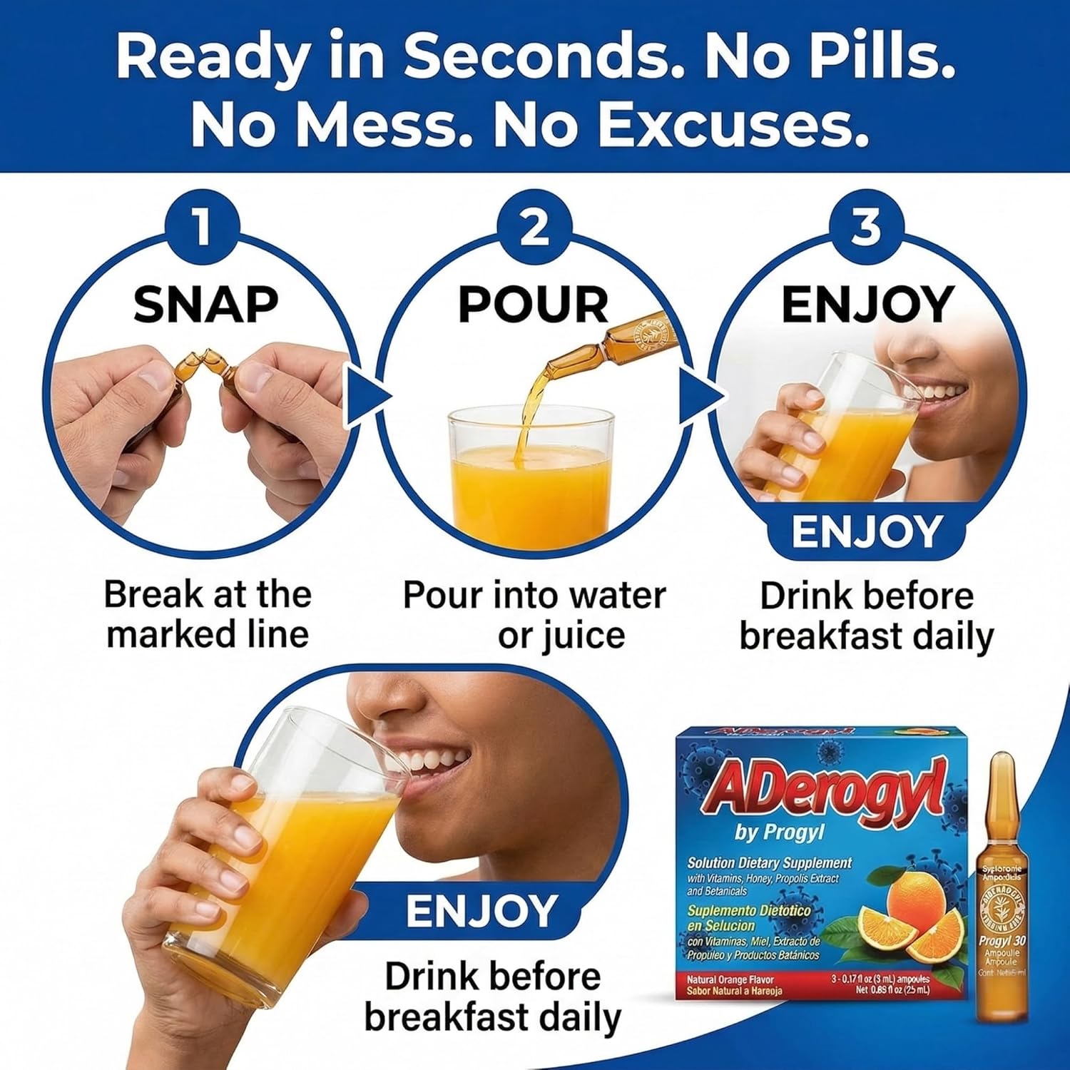 Aderogyl Oral Liquid Vitamins with A, C, D, E, Zinc, Bee Honey, Propolis, and Botanical Extracts with Orange Flavor - Immune Support Supplement - Includes 5 Ampoules - Image 4