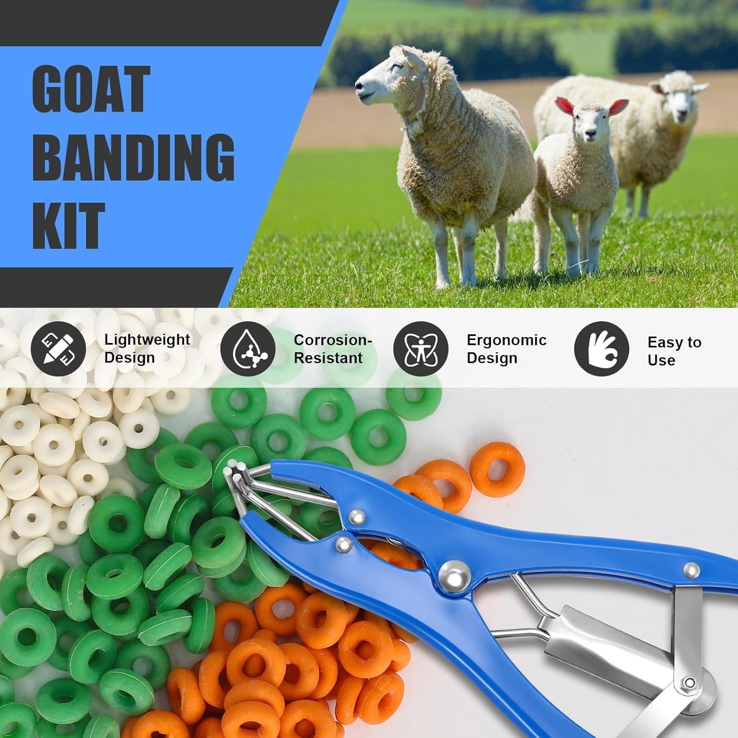 Goat Banding Kit, Stainless Steel Elastrator with 200pcs 3-Size Rubber Bands & Expander Tool for Humane Livestock Handling (Goats/Sheep/Calves) - Image 5