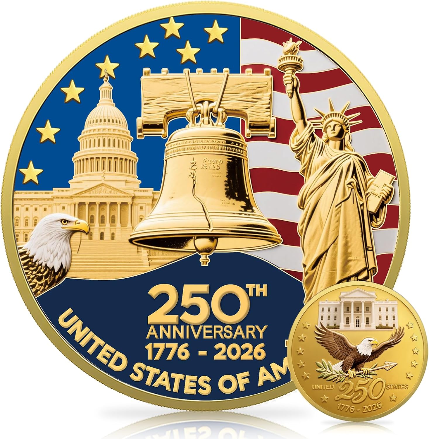 Upgrade 1.77-inch 250th Anniversary Commemorative Coins - Golden American Flag & Liberty Bell Design Collectible Coins, Durable Metal Anniversary Coins for Display, Collectors & Gift Idea (L-1PCS) - Image 9