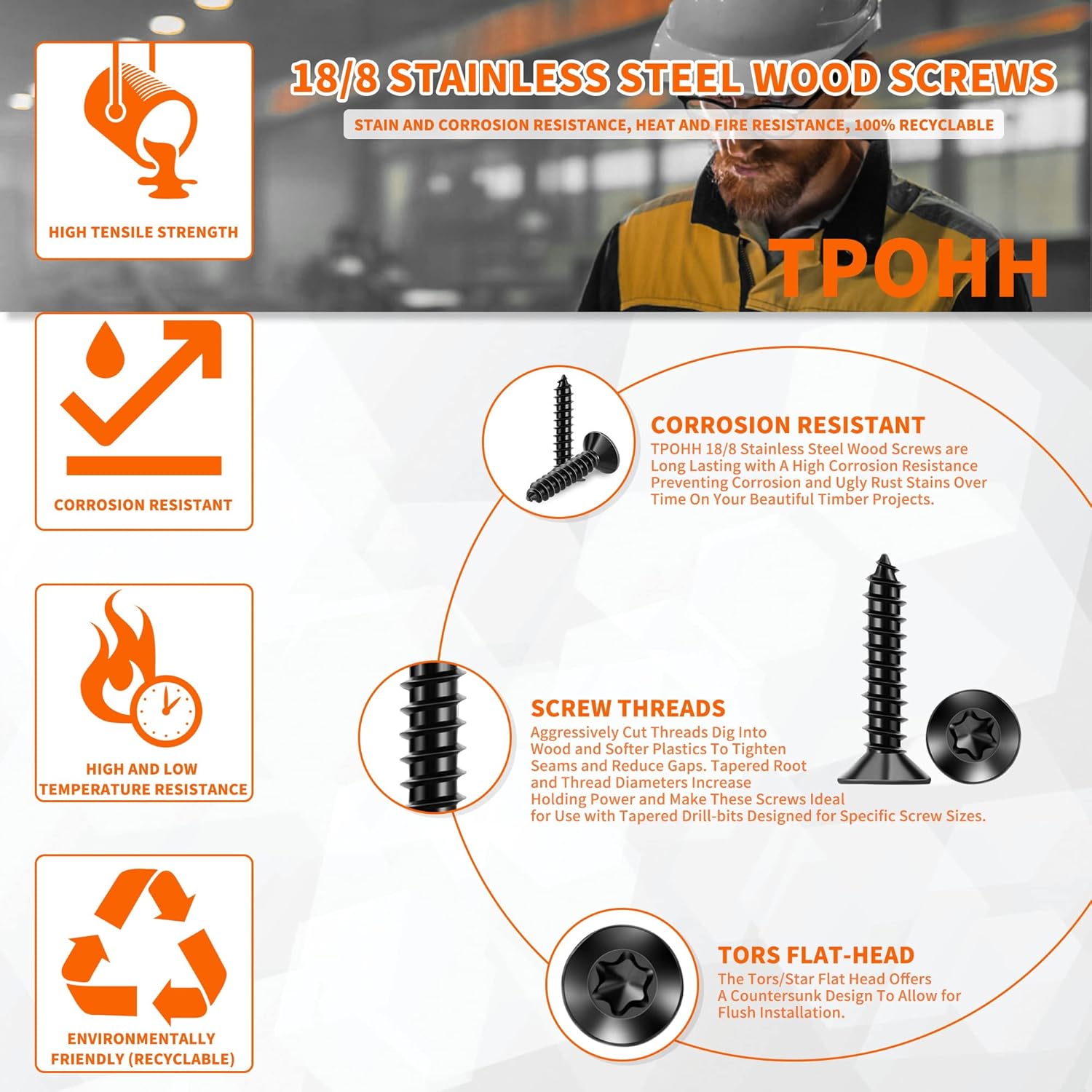 100 PCS #10 x 1-1/4" Flat Head Torx/Star Wood Screws, 18-8 (A2) Stainless Steel, Full Threaded & Black Coated for Durability, T25 Drive Bit Included, No.10 X 1.26 Length Multipurpose Screw by TPOHH - Image 4