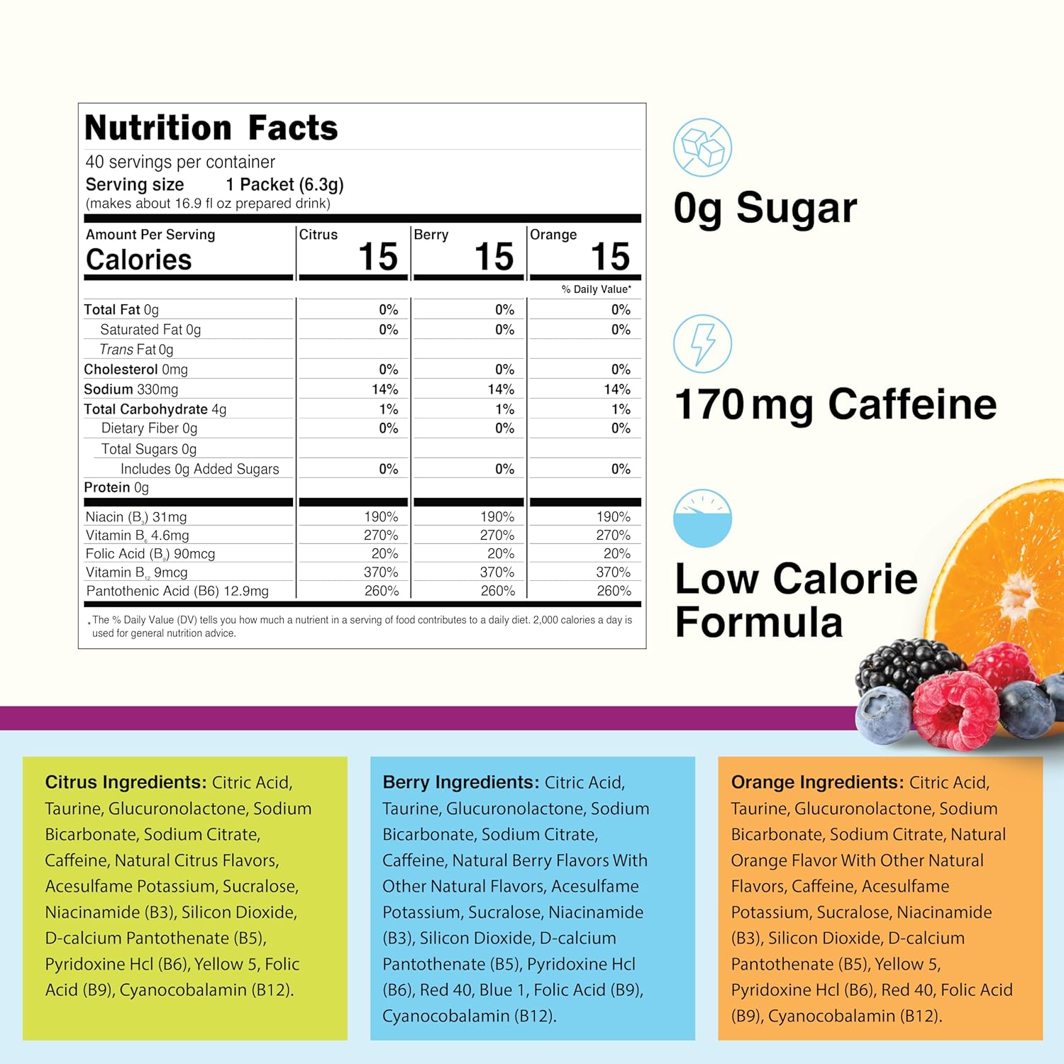 4C Energy Rush Stix, Variety 1 Pack, 40 Count, Single Serve Water Flavoring Packets, Sugar Free with Taurine, On the Go Bundle (20 Berry, 10 Orange, 10 Citrus) - Image 3