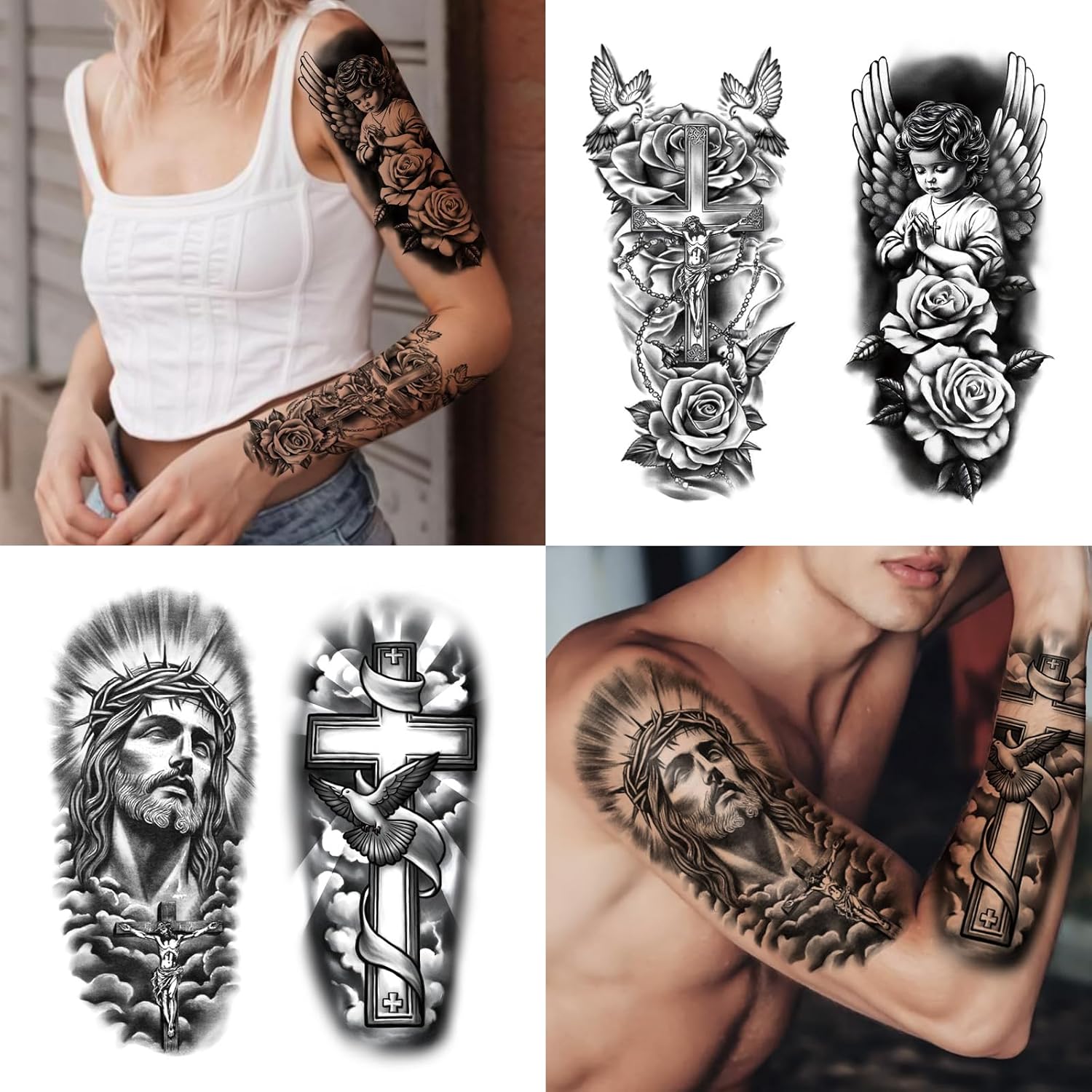 77 Sheets Christian Cross Temporary Tattoo for Women Men, 17 Sheets Half Arm Large Religious Jesus God Fake Tattoos, 60 Angels Black Christ Tiny for Adult Kids Body Tattoos Stickers Realistic - Image 7