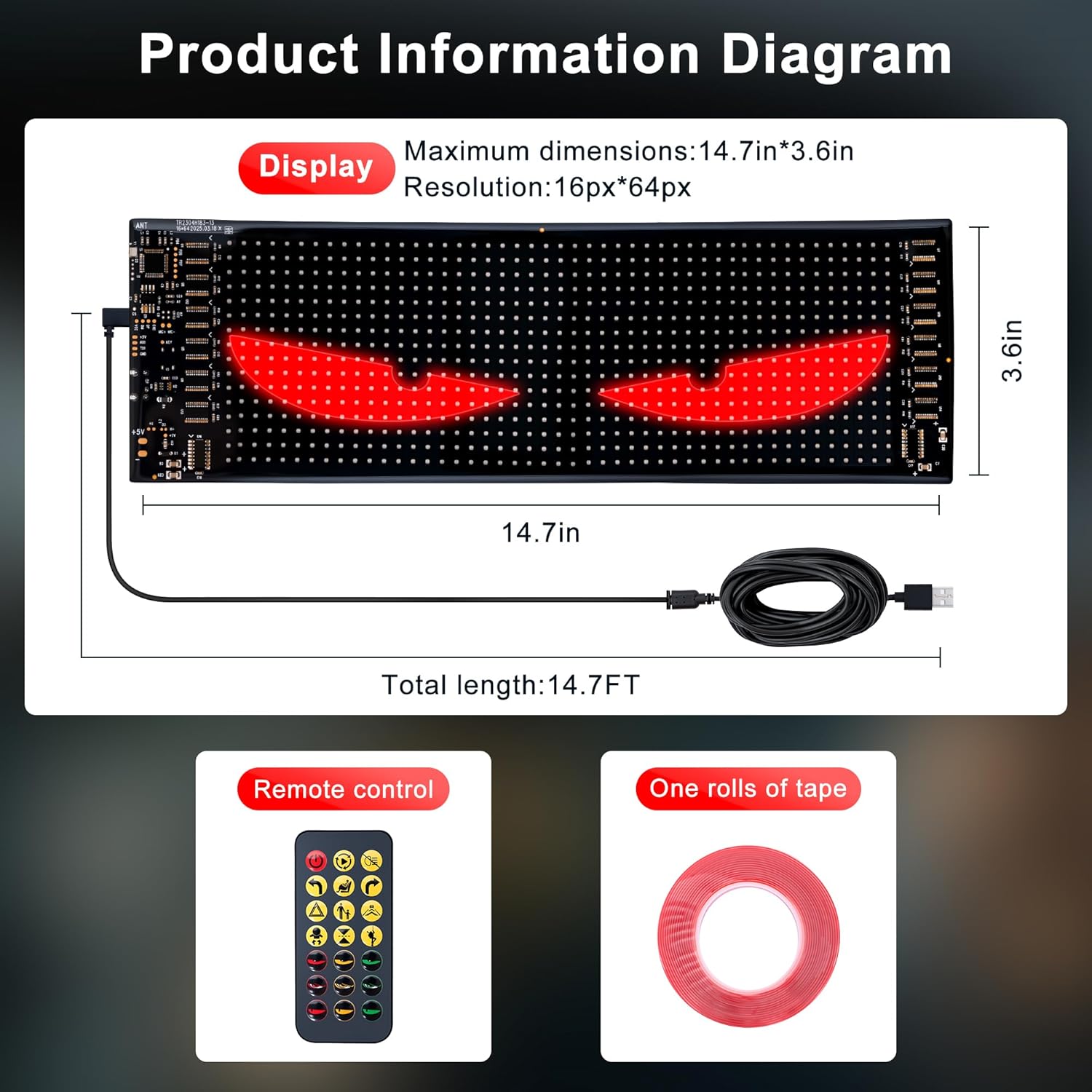 led Eyes for car Windshield-programmable led Sign,Devil Eyes Light for Windshield with Dynamic Patterns, APP/Remote Control, IP68 Waterproof, USB Powered for Cars/Trucks/RVs,1PCS (14.7"x3.6") - Image 2