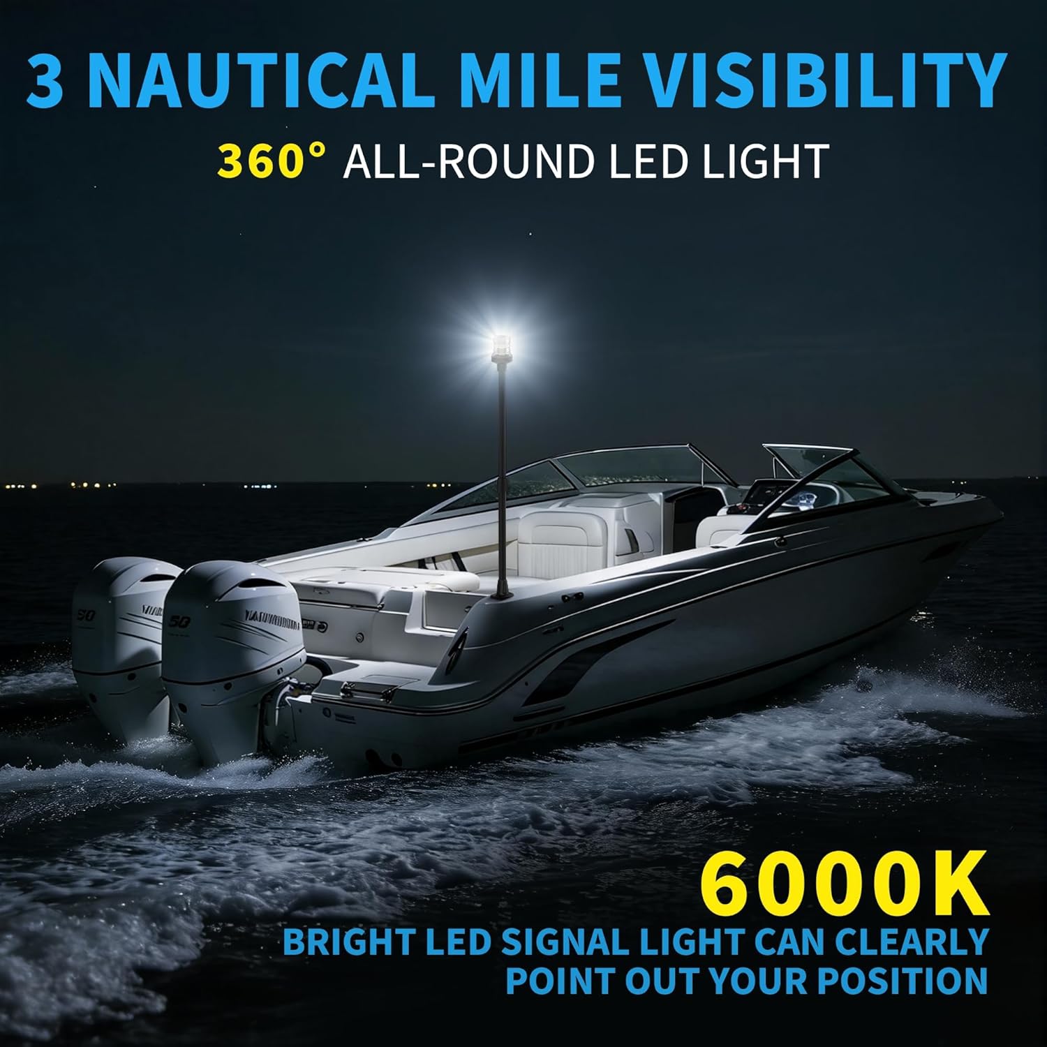 Obcursco Boat Stern Lights, Telescoping Pole 27"-48" LED Anchor Light with Base, 12V Adjustable 3NM 360° Navigation Lighting for Pontoon, Yacht, Bass, and Fishing Boats (27"-48", Black) - Image 2