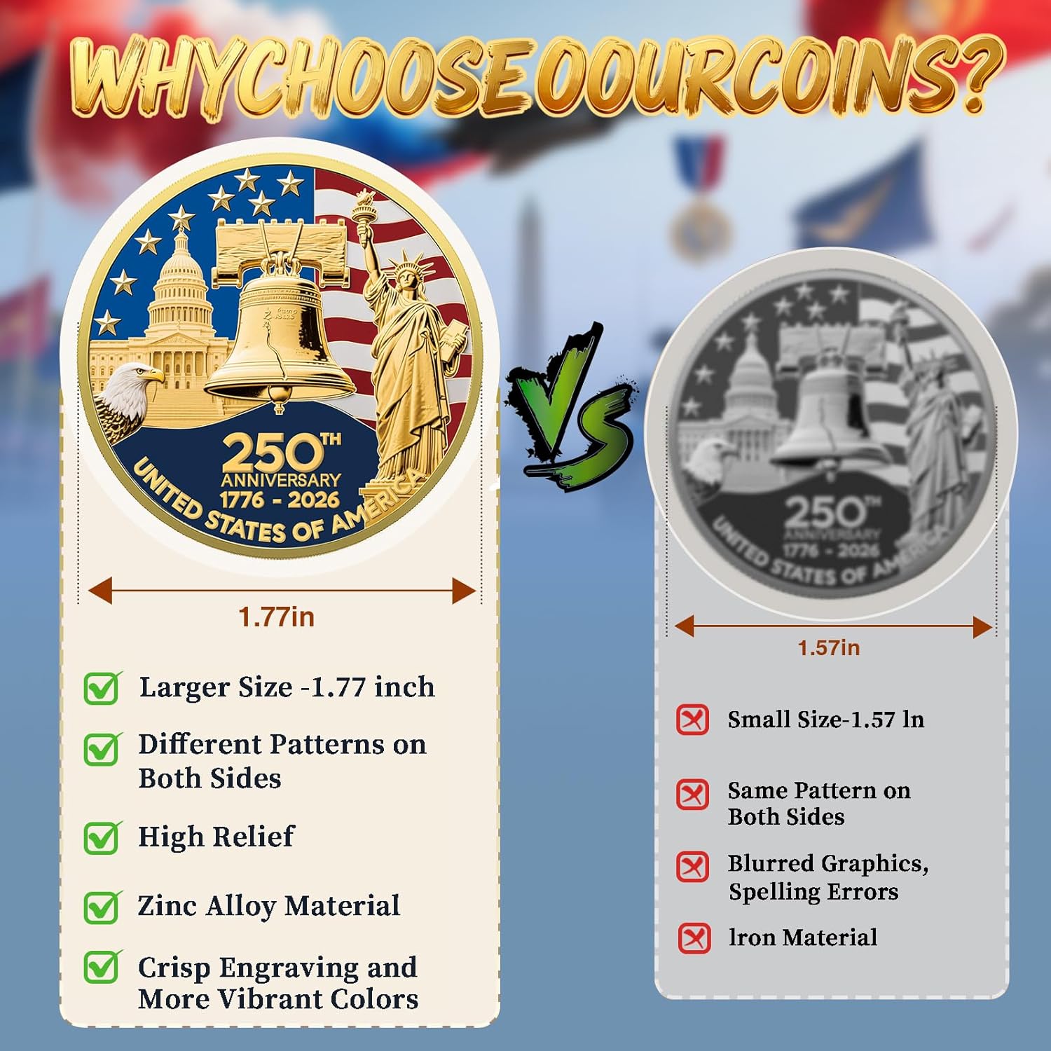 Upgrade 1.77-inch 250th Anniversary Commemorative Coins - Golden American Flag & Liberty Bell Design Collectible Coins, Durable Metal Anniversary Coins for Display, Collectors & Gift Idea (L-1PCS) - Image 3