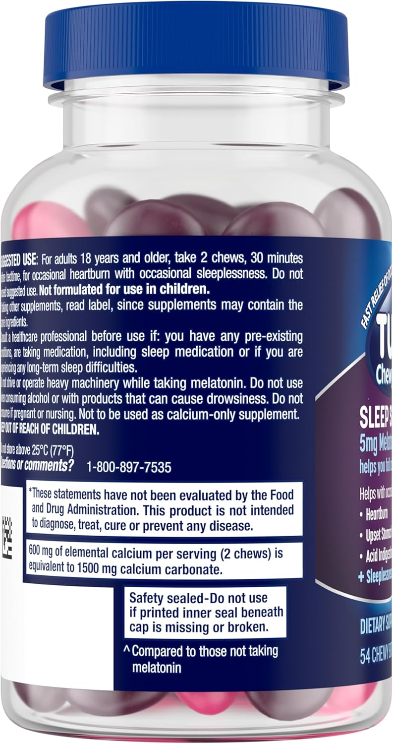 TUMS Heartburn Plus Sleep Support Chewable Dietary Supplement Tablets for Occasional Heartburn Relief Plus Sleep Support, Berry Fusion - 54 Count - Image 12