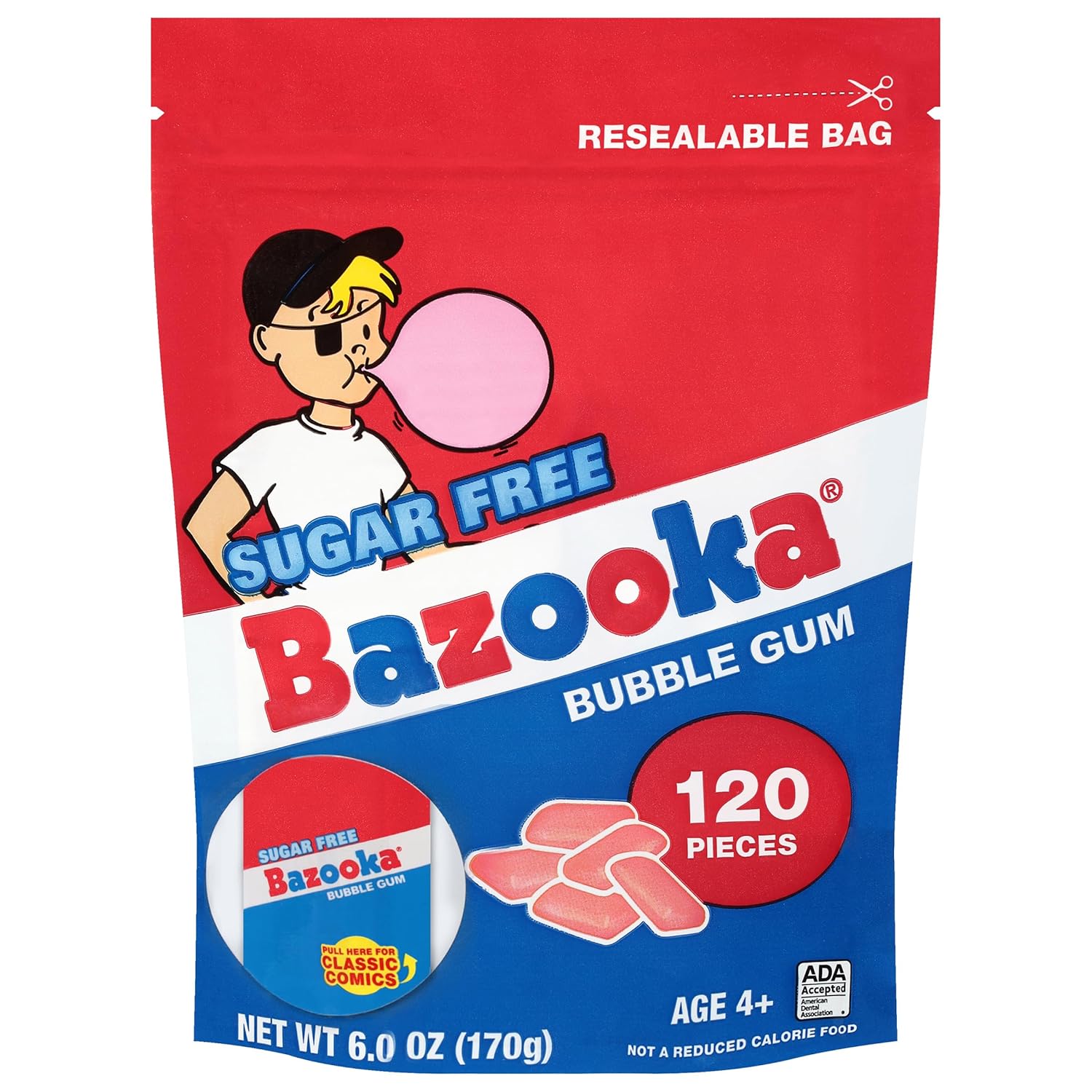 Bazooka Bubble Gum Sugar-Free Chewing Gum Pellets, Bulk Gum in Resealable Bag, 120 Ct in Original Pink Flavor, Sugar Free Bulk, Baseball Party Favors, Nostalgic 90s Candy - Image 5