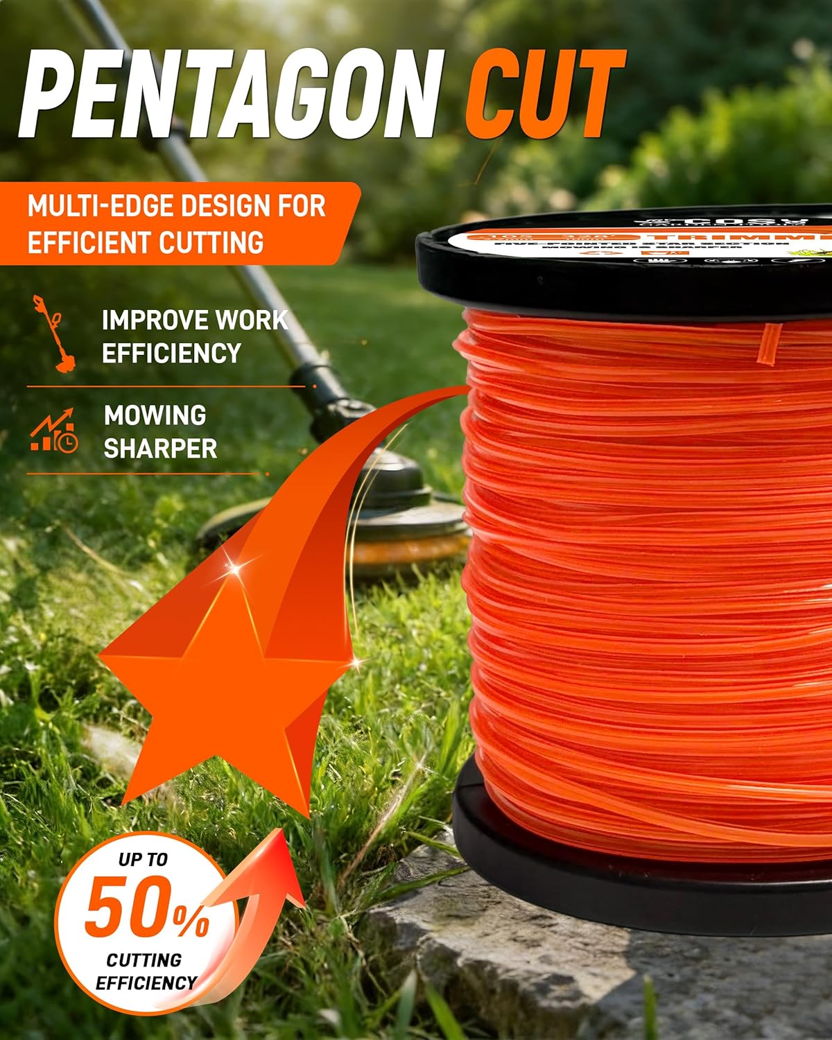 .105" String Trimmer Line, Commercial Grade Orange Pentagon Weed Eater String, Premium Nylon Universal 0.105" Diameter x 328' - Image 2