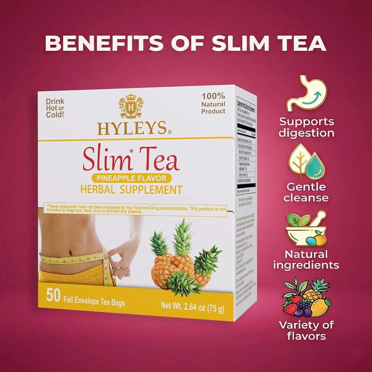 HYLEYS Slim Tea Weight Loss Herbal Supplement with Pineapple - Cleanse and Detox - 50 Tea Bags (1 Pack) - Image 3