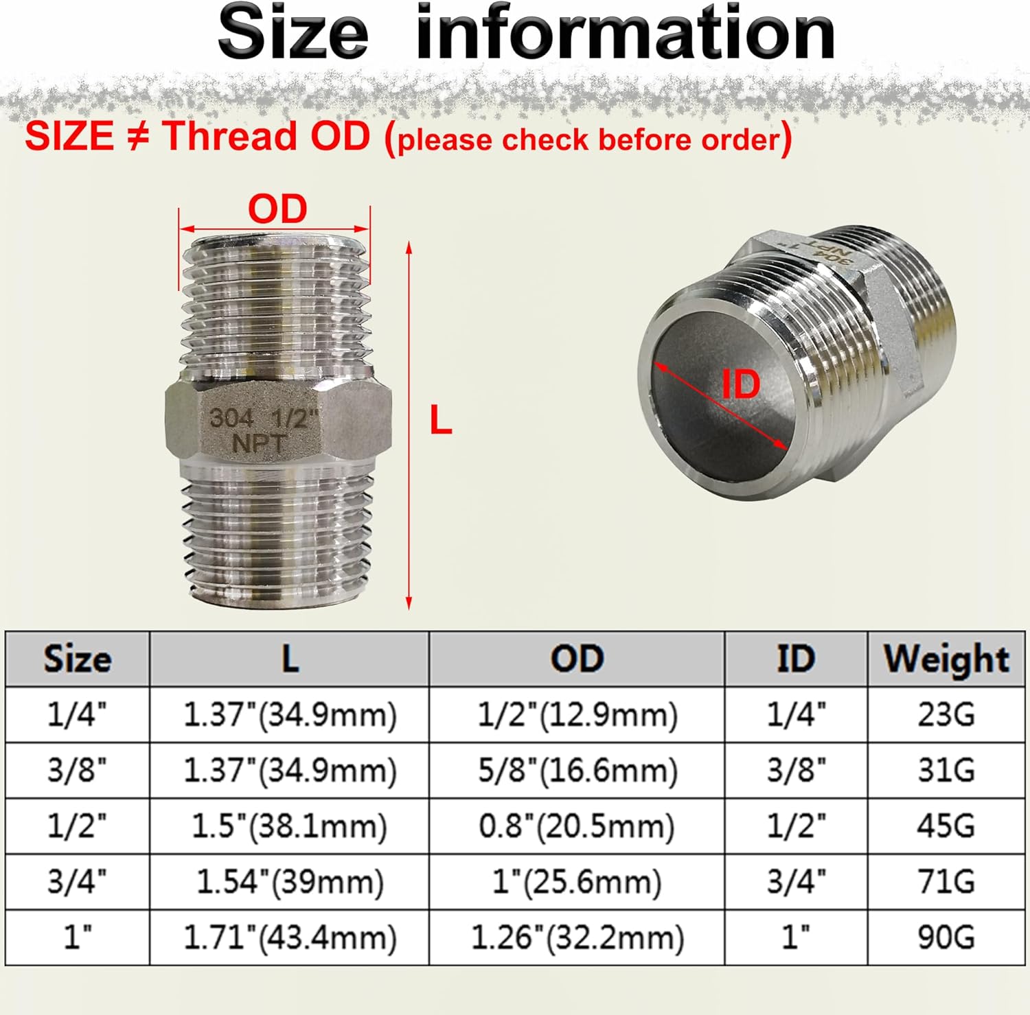 3/8" NPT Male Hex Nipple Pipe Fittings, 304 Stainless Steel 3/8 inch Threaded Pipe Adapter Fittings Equal Nipples Connectors, 4pcs Male Straight Connector Pipe Fitting - Image 7