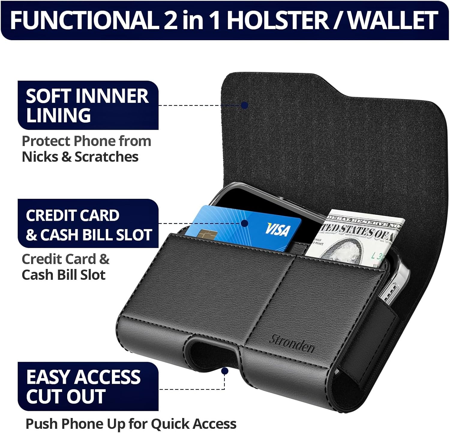 Stronden Magnetic Closure Holster for iPhone 17 Pro Max, 16 Pro Max - Leather Belt Case Pouch with Built in Card Holder (Fits Slim/Regular Case on) - Image 2