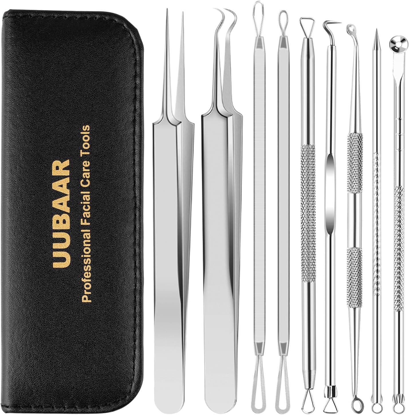 UUBAAR 9PCS Blackhead Remover Tools, Pimple Popper Tool Kit with 2 Tweezers, 304 Stainless Steel Comedone Extractor, 16 Precision Heads Face Nose Acne Zit Removal, Home Esthetician Use & Leather Case - Image 8