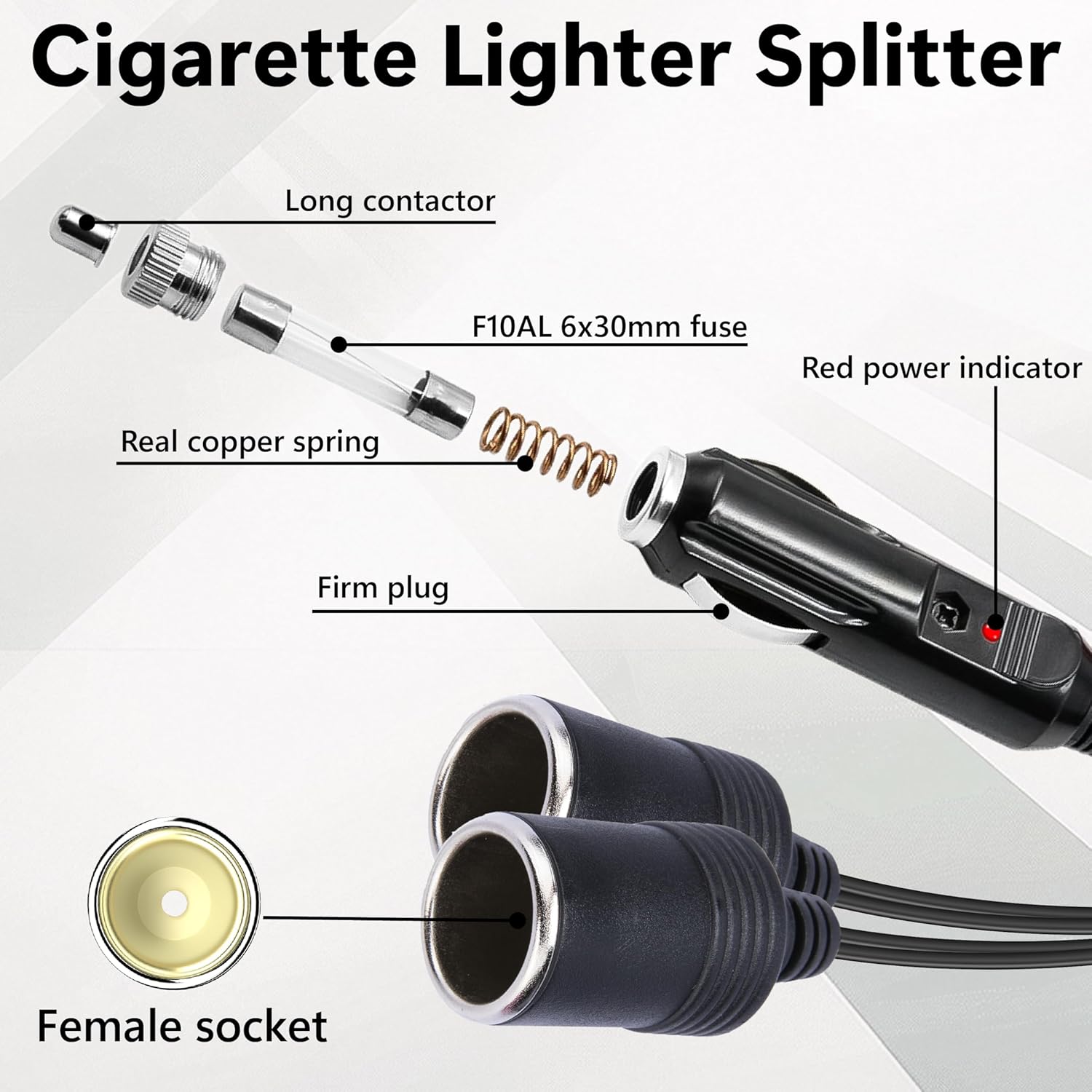 12V Double Cigarette Lighter Adapter, 1 to 2 Car Cigarette Lighters Splitter 2 Socket, 18AWG Dual Cigarettes Lighter Extension Cord with 15A Fuse, Car Charger Splitter - Image 4