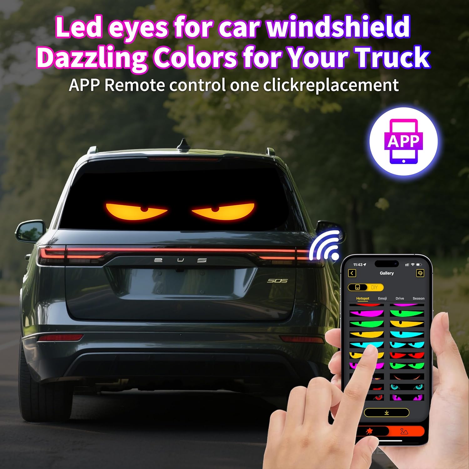 15"x4" LED Eyes for Car Windshield, 50+ Devil Eye Patterns to Captivate Attention, Customizable Holiday Themes, Warning Messages to Showcase Personality & Mood, Installs in 5 Minutes, 1PCS - Image 2