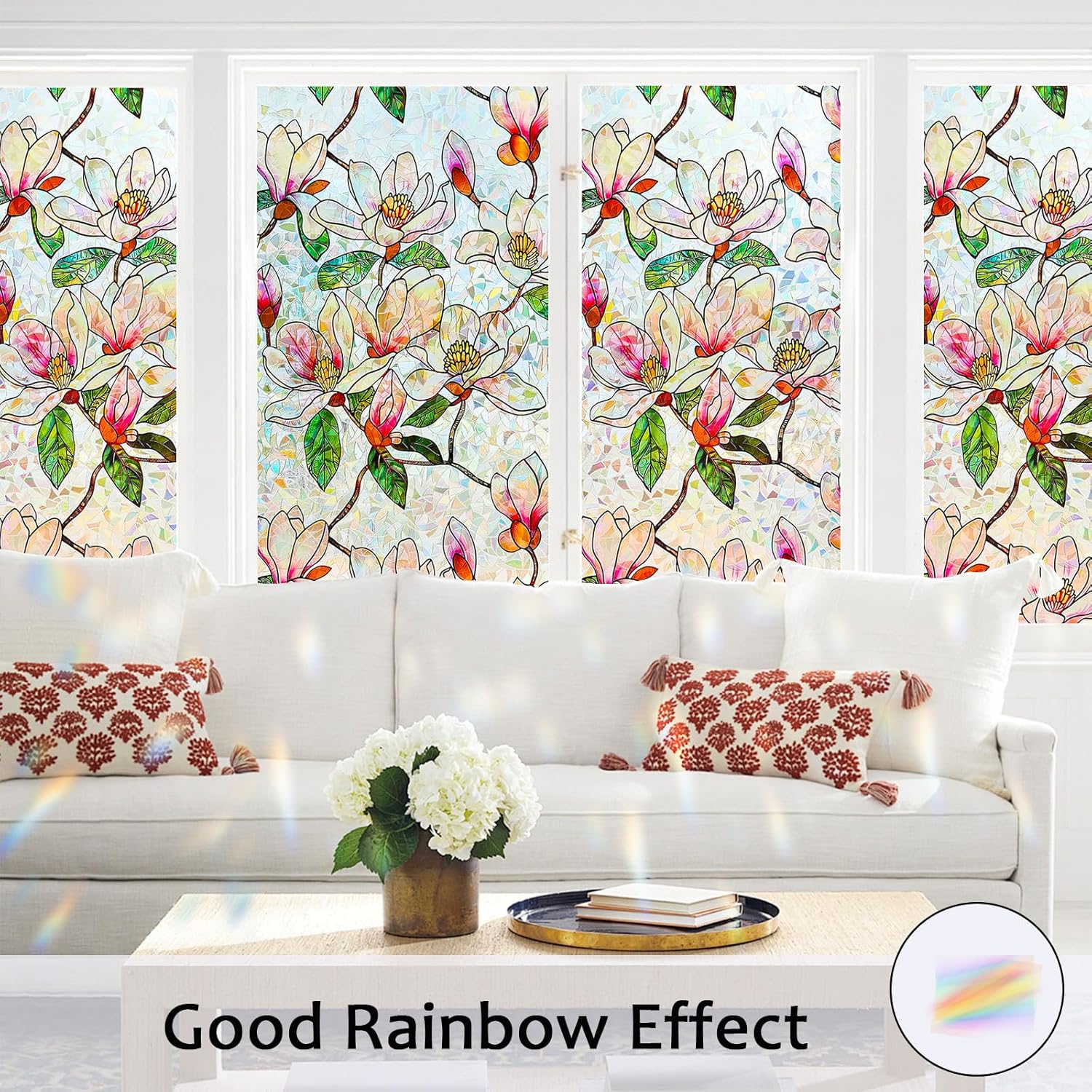 Window Privacy Film Stained Glass Window Film Decorative, Static Cling Rainbow Window Cling, Heat Control Non-Adhesive for Bathroom Home Door 17.5" x 78.7" - Image 2