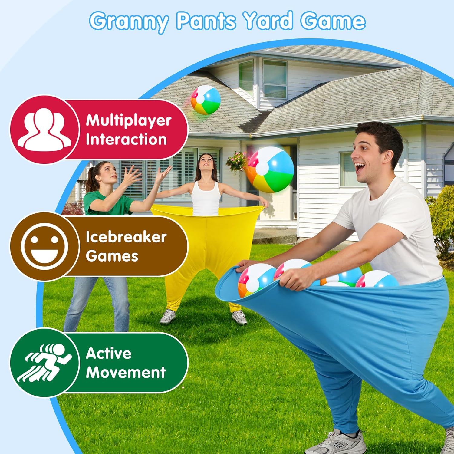 11PCS Granny Pants Yard Game Set - Oversized Blue & Yellow Pants with 8 Colorful Bouncy Balls and 1 Air Pump, Outdoor Tossing Games for Adults Team Relay Family Reunion Birthday Party Field Game Sets - Image 2