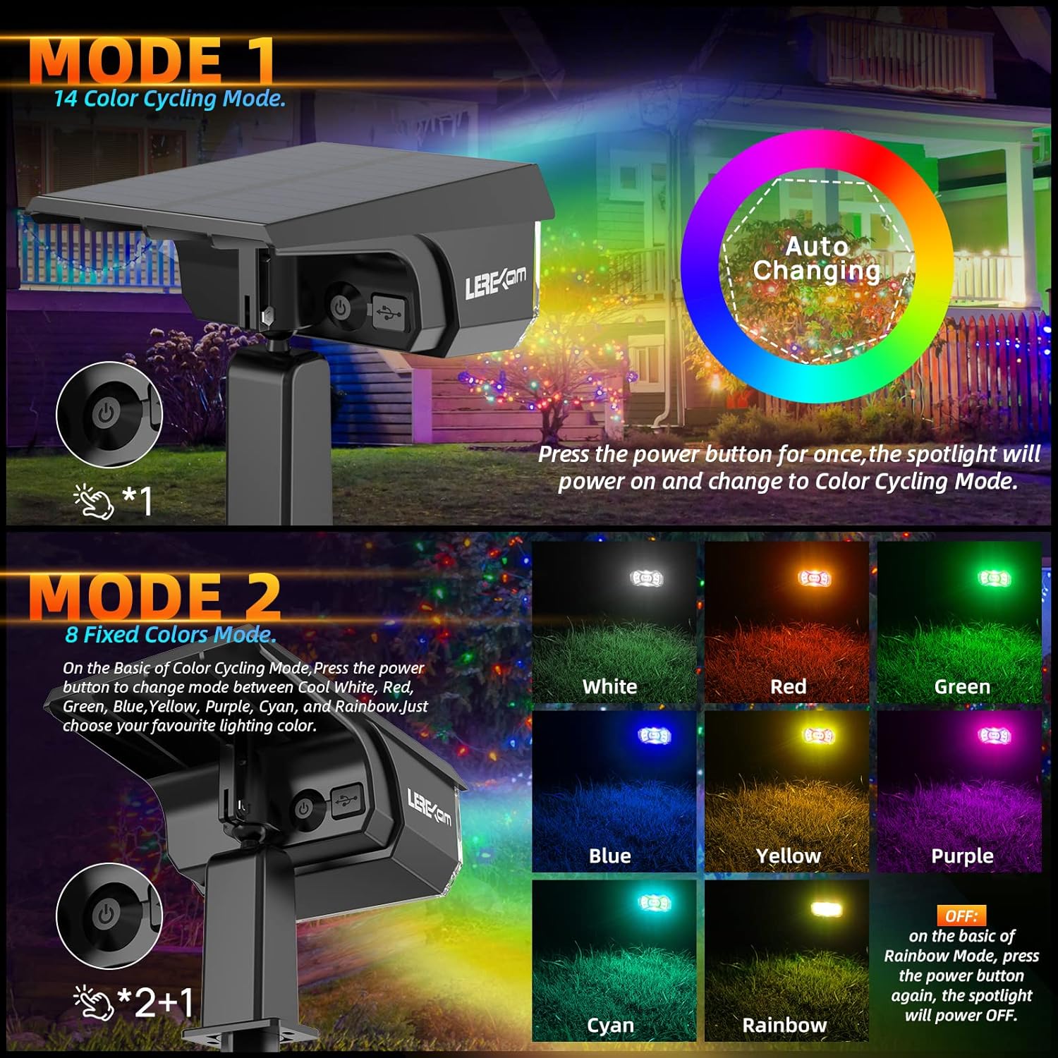 Solar Outdoor Lights,40 LEDs Color Changing RGB Solar Landscape Path Lights,USB & Solar Powered Multicoloured Spotlights,14 Colors Auto Cycling Spotlights for Yard,Garden,2 Pack - Image 5