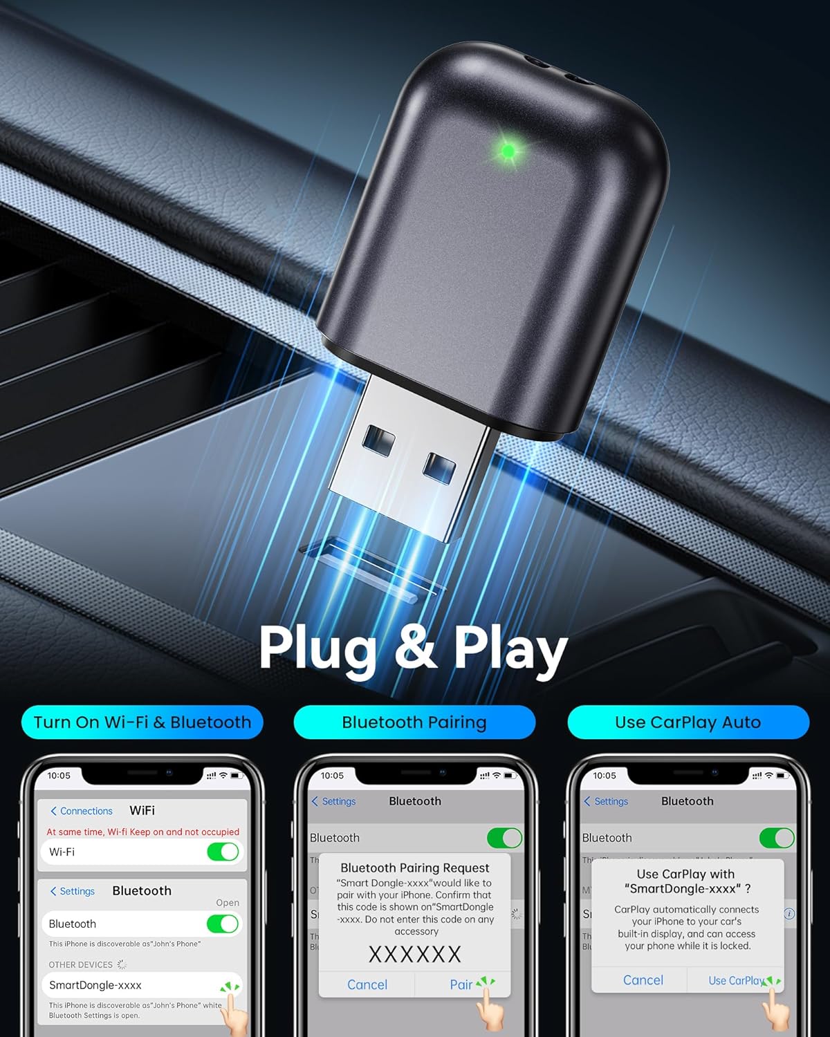 Burnt Sugar Wireless Carplay Adapter for iPhone Newly Upgraded, Ultra-Mini USB Design Wired to Wireless for Apple Car Play, Stable Low-Lag GPS Plug & Play for iOS 10+ & Cars from 2016+ (Starry Sky) - Image 3