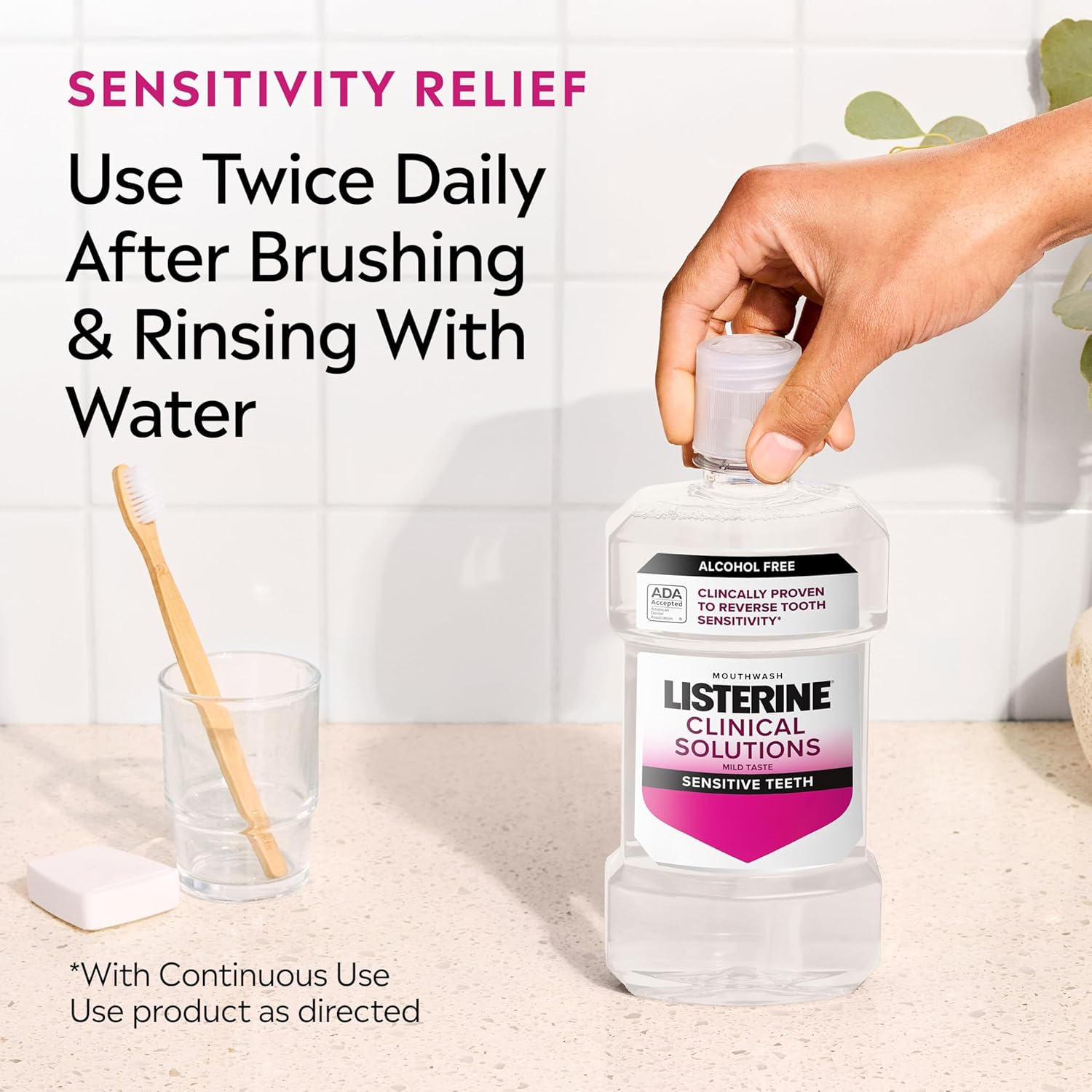 Listerine Clinical Solutions Sensitive Teeth Alcohol Free Mouthwash, Fresh Breath Dental Mouthwash Provides Protection & Relief from Tooth Sensitivity Pain, Daily Fresh Mint Oral Rinse, 500 mL - Image 6