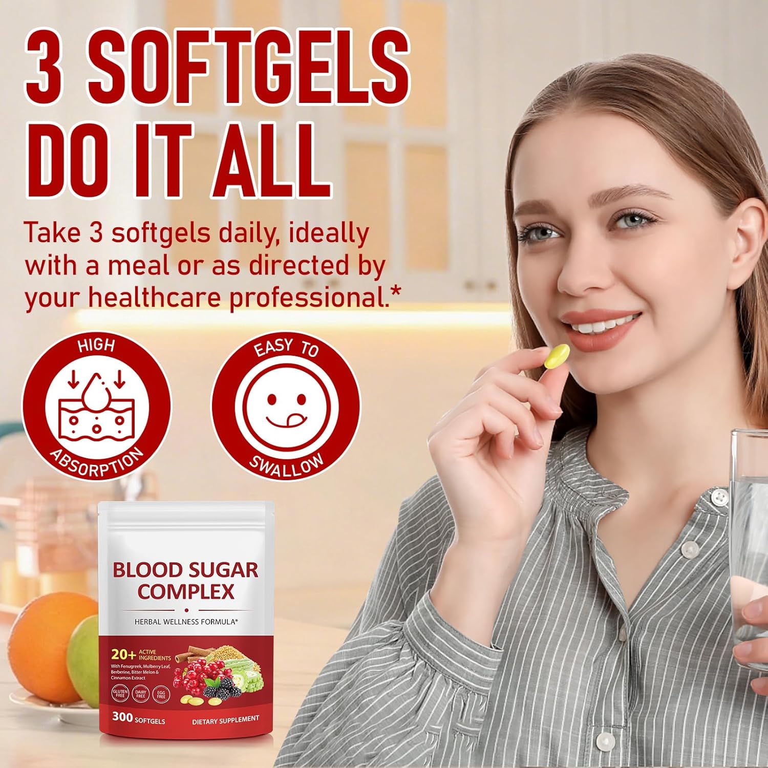 300 Softgels Blood Sugar Complex Supplement | 20+ Active Herbs-Berberine, Cinnamon, Bitter Melon, Mulberry Leaf, Fenugreek, Vitamins for Energy Level, Vitality Support | Clean Formula - Image 6