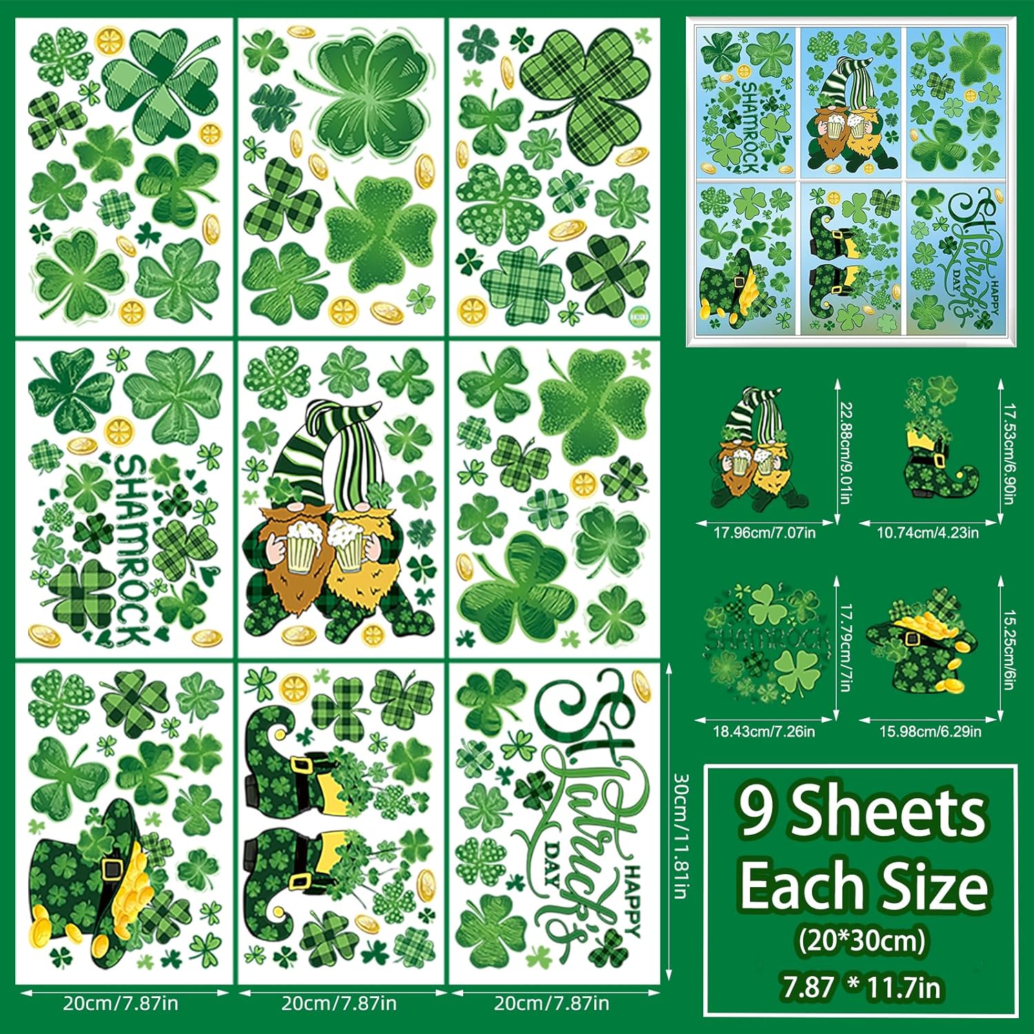 St Patricks Day Decorations Window Clings, 9 Sheets St. Patrick's Day Extra Large Window Cling Stickers for Glass, Gnome Shamrock Irish Holiday Clings Decals for Indoor Home Shop Kitchen Office Decor - Image 2