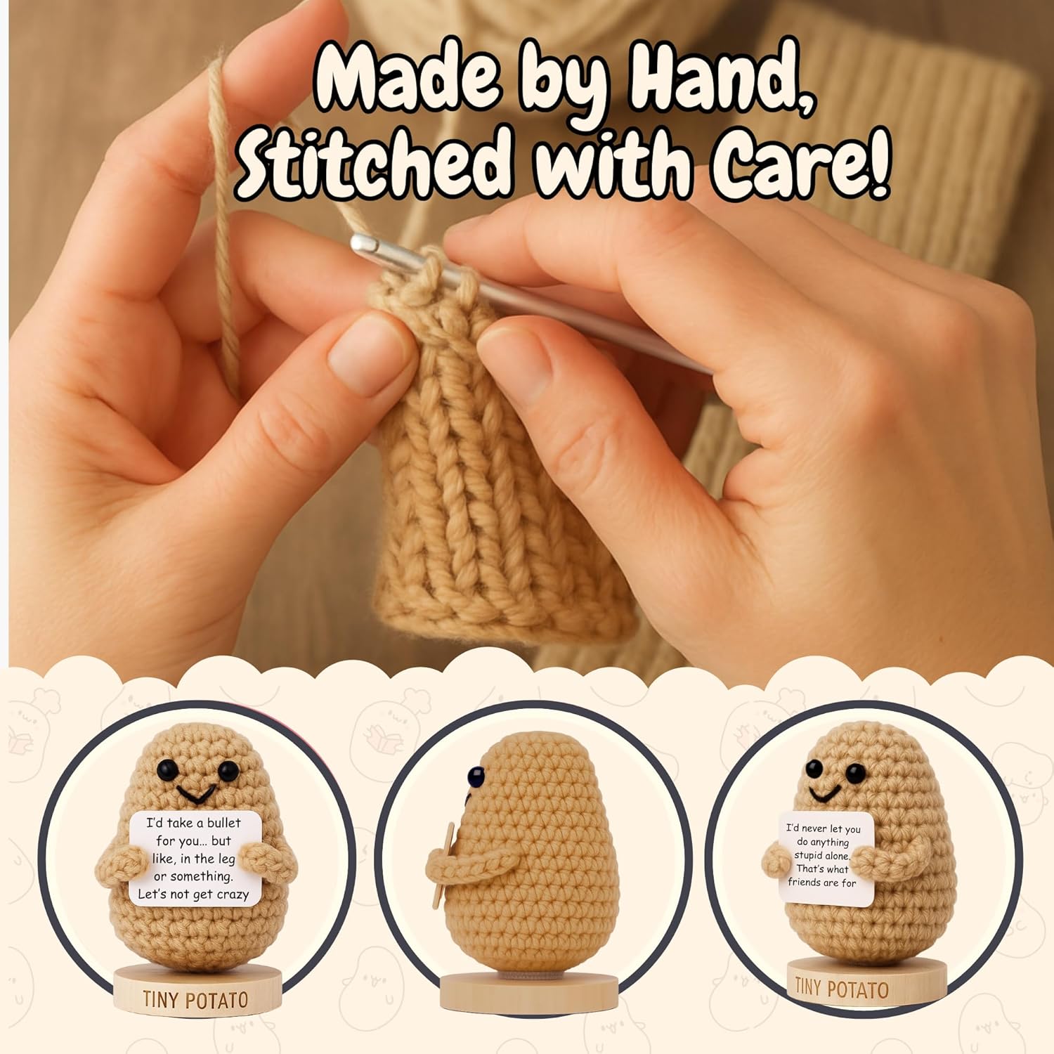 Funny Friendship Gift - Tiny Potato Crochet W/ 30 Sassy Messages for Women Friends Bestie BFF Coworker - Best Friend Birthday Gifts for Women, Sister Birthday, College Graduation Present Idea for Her - Image 4