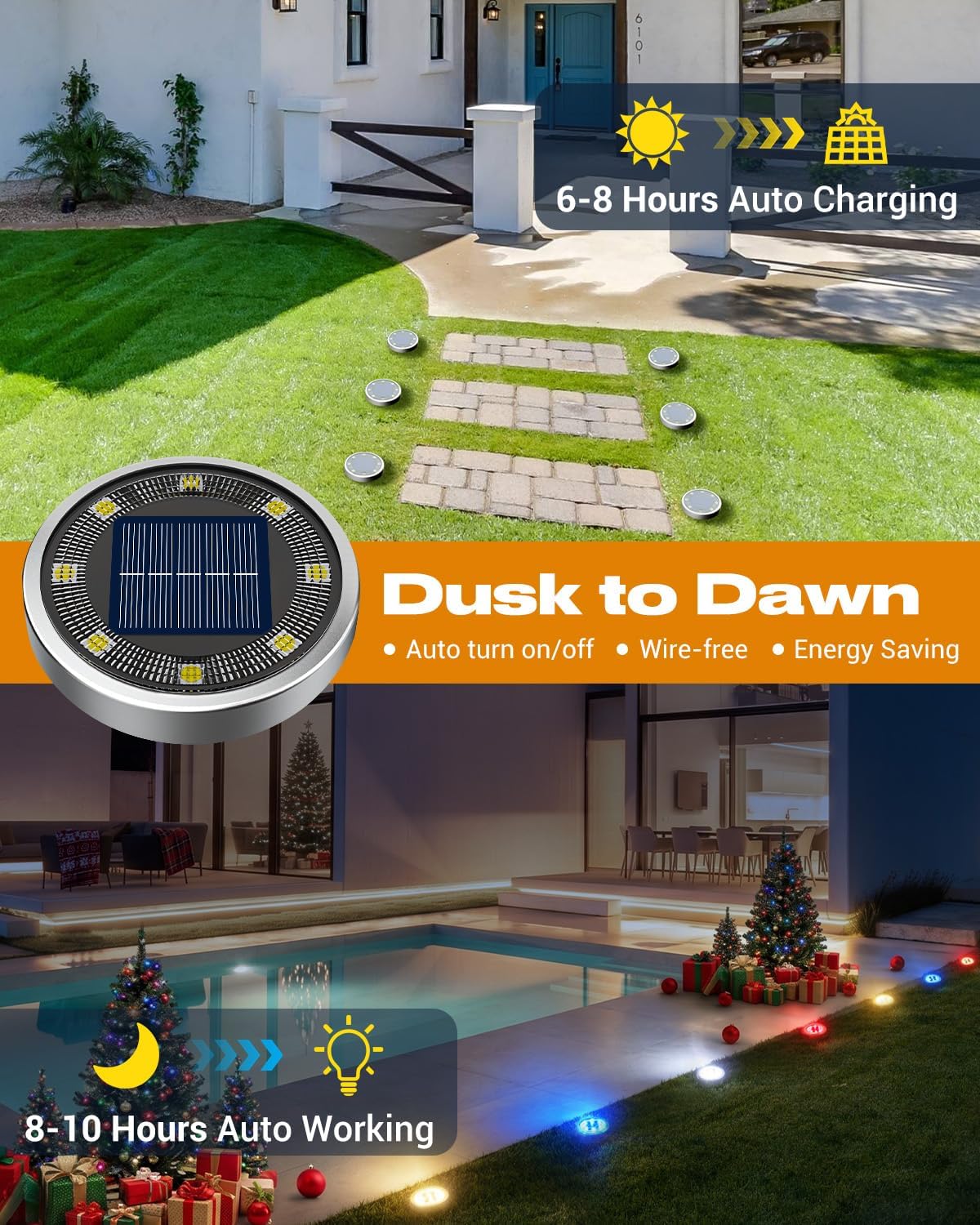 btfarm 16 Pack Solar Lights Outdoor, 8 LED Solar Ground Lights IP65 Waterproof Flat Solar Disc Light, Pathway Lights for Garden Patio Yard Christmas Decorations, Red+Blue+Cool White+Warm White - Image 3