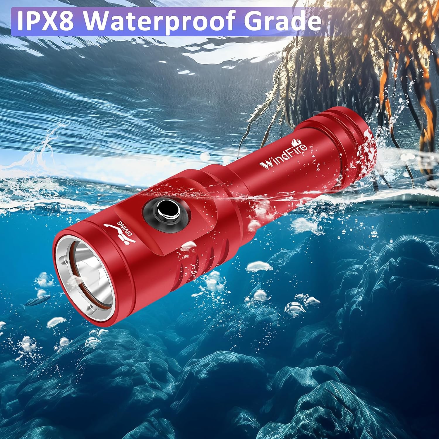 WINDFIRE TS08 Dive Light Super Bright, Scuba Flashlight Rechargeable, IP68 Waterproof 197 ft Depth Underwater Flashlight, 3 Modes & Power Indicator, Snorkeling Torch for Night Diving - Image 4