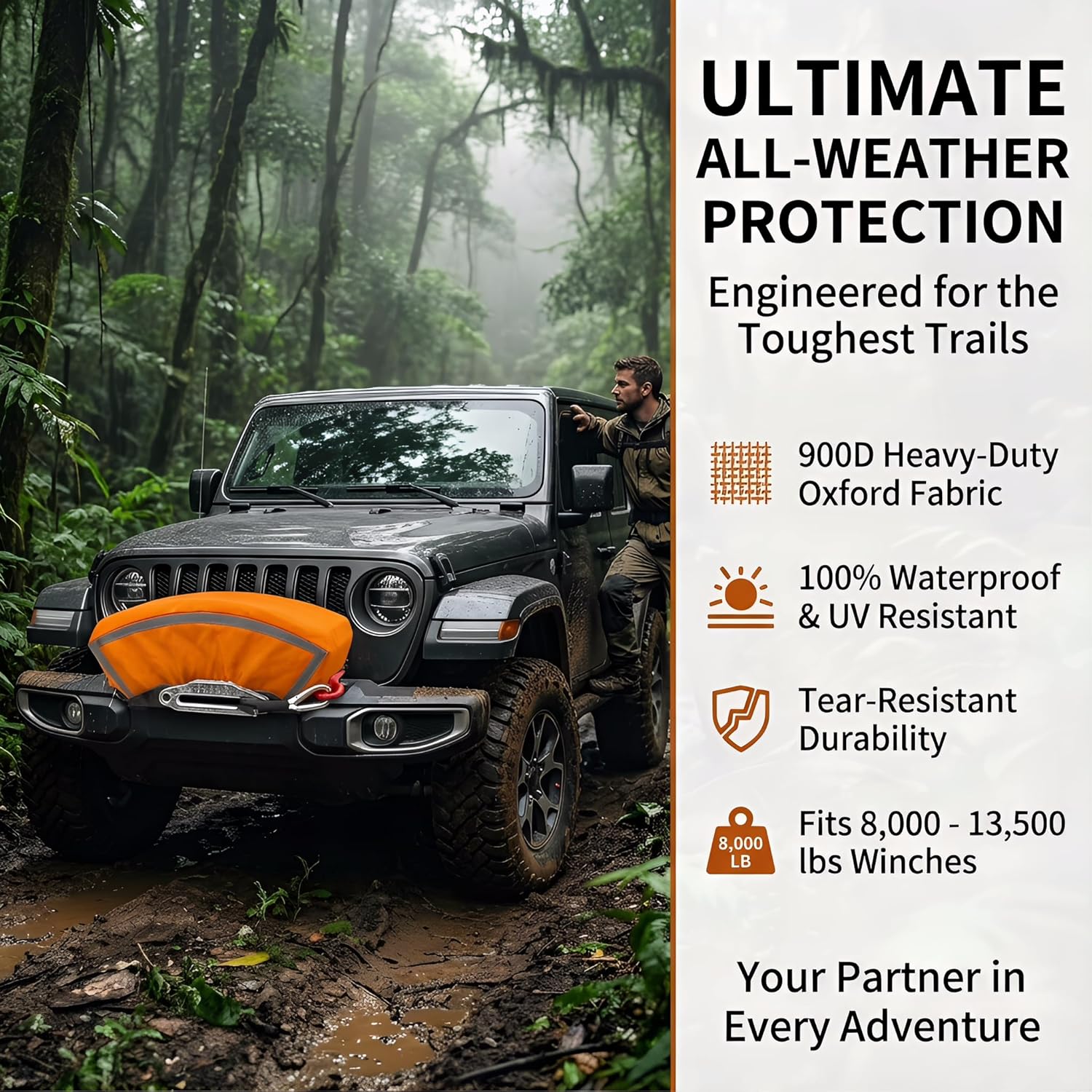 Badlands Winch Cover 12000 Lb Waterproof, winch accessories, High Durability Heavy Duty Oxford Fabric Dust Prevention Sunproof with Reflective Ribbon for Electric Winch (Orange) - Image 3