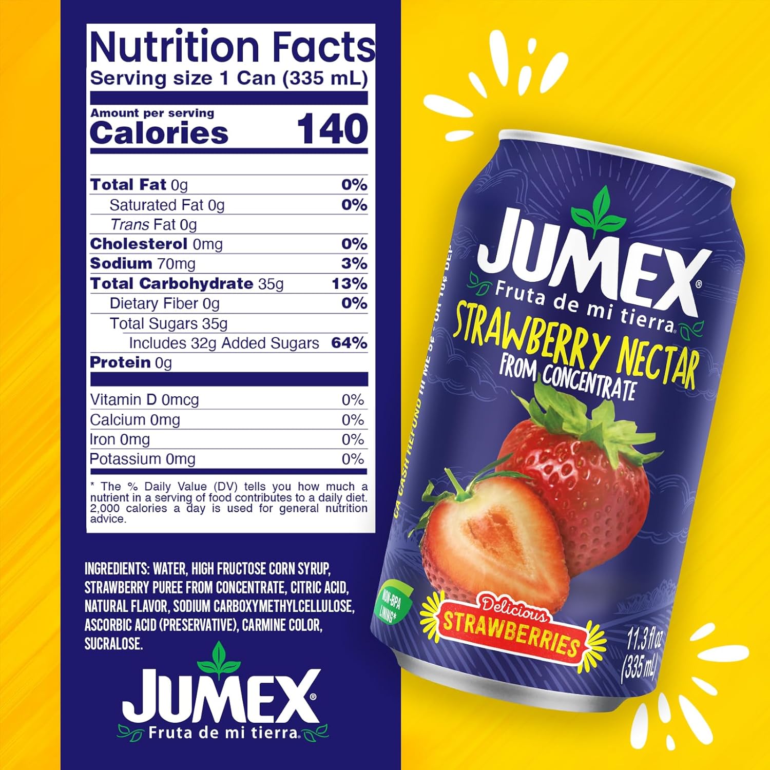 Jumex Strawberry Juice Nectar - Made with Strawberry Puree - Fresh Fruit Puree & Fruit Juice Concentrate for Smoothie Mix, Cocktail Mixers & Kids Drinks & Beverages - 11.3oz, 24 Pack Canned Drinks - Image 2