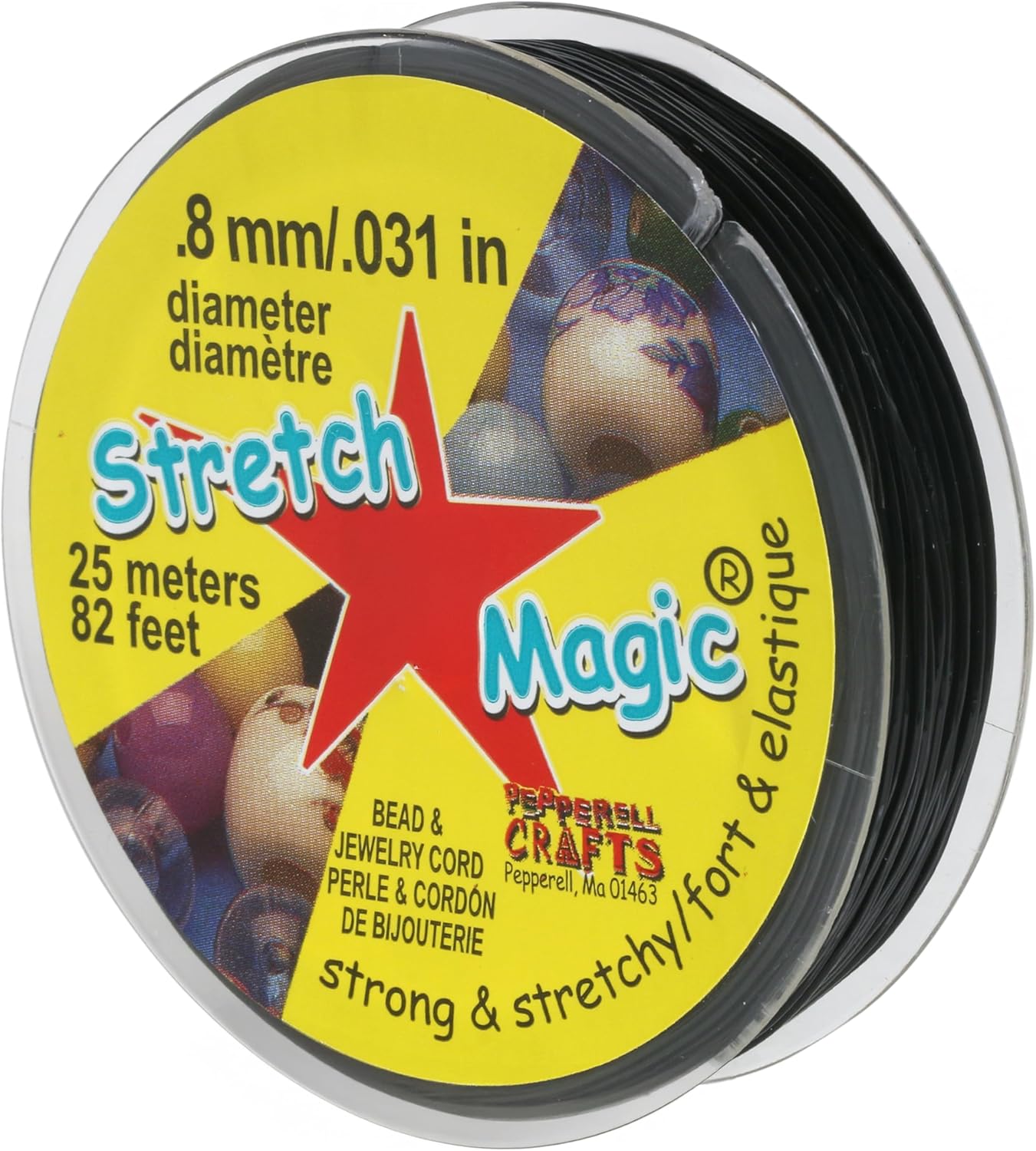 Stretch Magic Elastic Beading Cord – Black Color, 0.8mm in Diameter, 25-Meter (82 ft) - Easy to Knot, Strong & Stretchy String for Making Beaded Jewelry