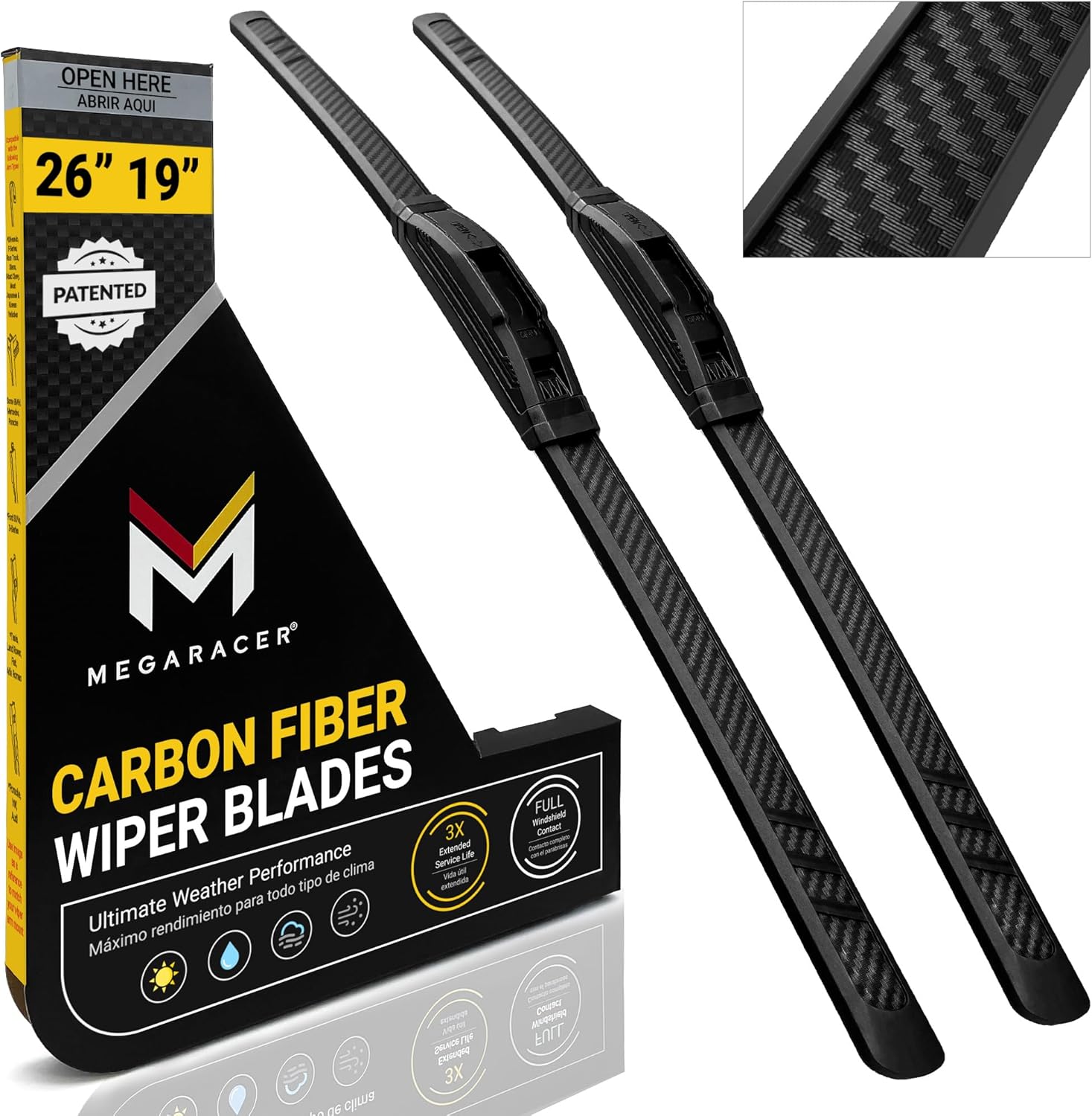 Premium Silicone Carbon Fiber Windshield Wiper Blades 26" & 19" - Patented All-Season, Quiet & Smooth Streak-Free Clean Wipe, OEM Quality, Front Automotive Replacement Wipers for Car & Truck (2 Pack)