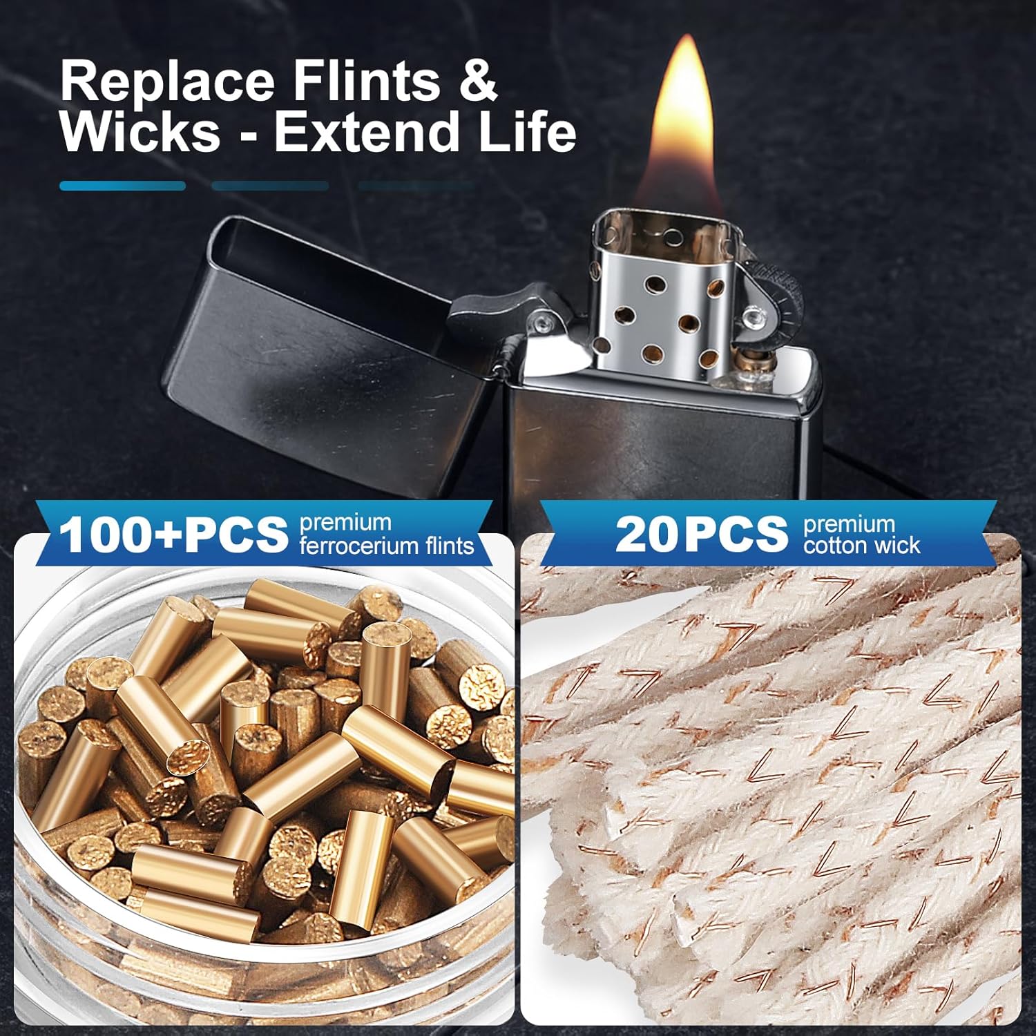 Lighter Flints 100+ Pcs and Cotton Wicks 20 Pcs, Premium Lighter Repair Kit, Compatible with Zippo and Clipper, Most Petrol Gas Fluid Lighters, Long-Lasting, Fast-Igniting and Durable JONCHINJN - Image 2