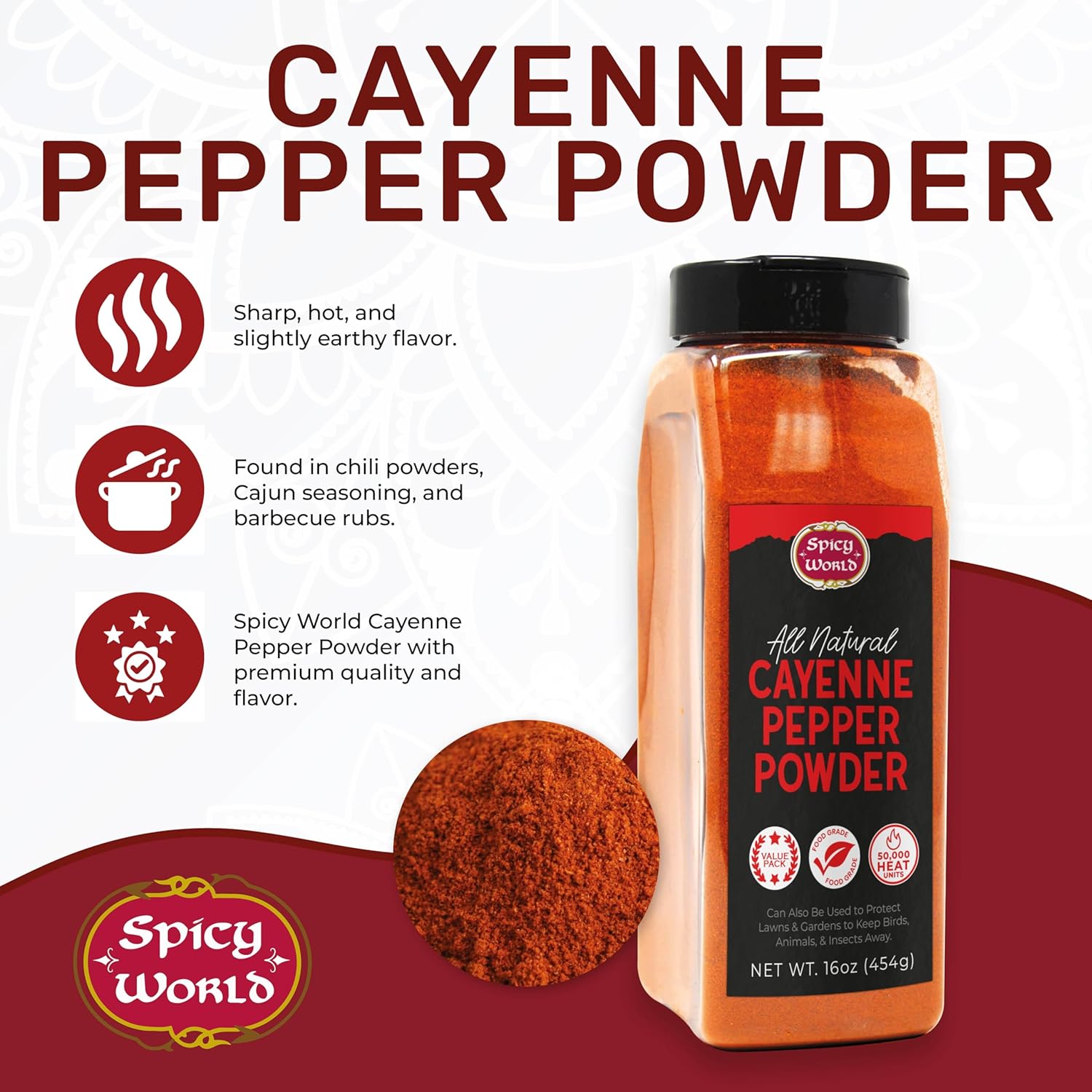 Cayenne Pepper Powder 16oz Jar - 50,000 SHU, Gluten Free, All Natural Red Pepper, Garden Wildlife Natural Pest Control by Spicy World - Image 3