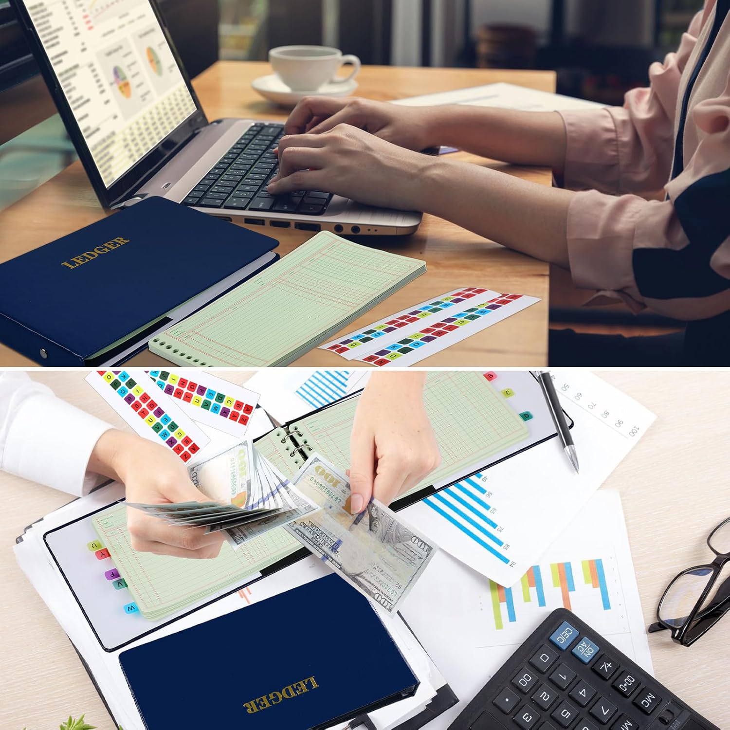 Skyygemm Ring Ledger Binder with 200 Pcs 5"x8.5" Ledger Sheets Small Index Tabs for Bookkeeping Accounting Business with Debit Credit Balance Columns(Blue Cover, Yellow Sheets) - Image 6