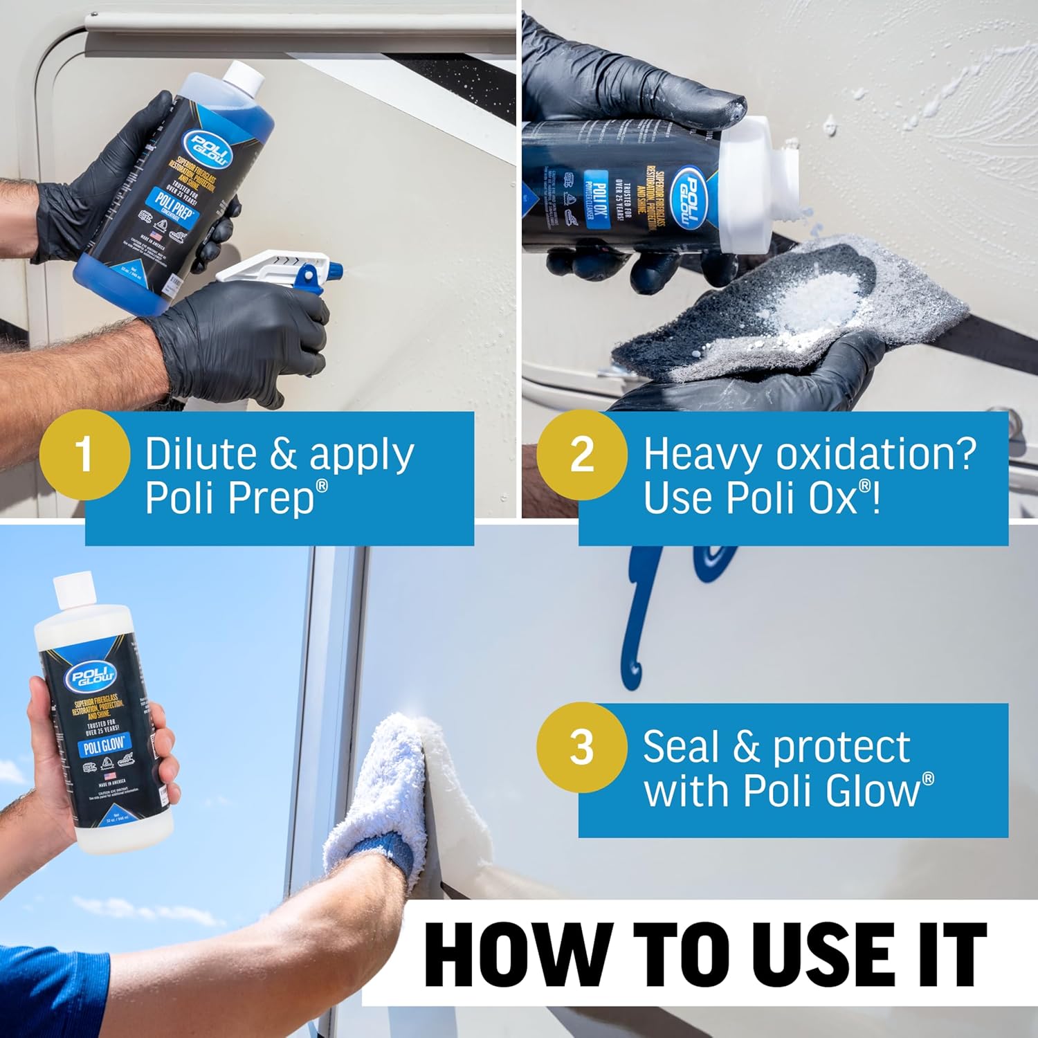 Poli Glow Deluxe Boat & RV Restoration Kit–Removes Oxidation, Seals & Protects–Restores High-Gloss Shine to Fiberglass & Gelcoat–New Liquid or Classic Powder Poli Ox–Easy, Long-Lasting 6-in-1 System - Image 8