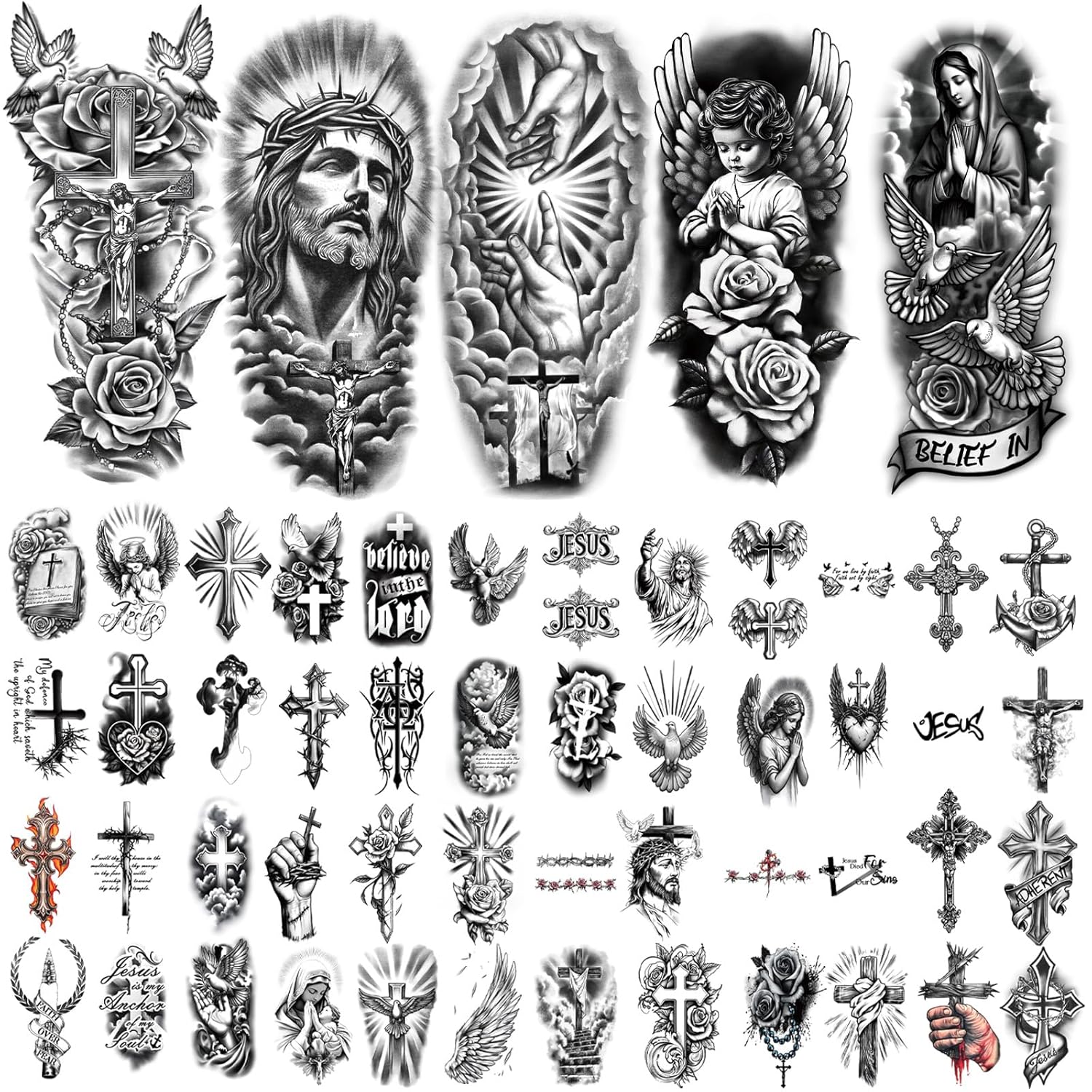 77 Sheets Christian Cross Temporary Tattoo for Women Men, 17 Sheets Half Arm Large Religious Jesus God Fake Tattoos, 60 Angels Black Christ Tiny for Adult Kids Body Tattoos Stickers Realistic - Image 2