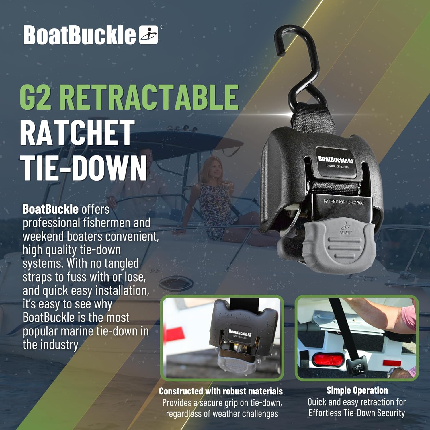 BoatBuckle G2 Transom Boat Tie Down Straps to Trailer 2x43-Inch, 2500lbs Break Strength, Bolt On Retractable Ratchet Straps Heavy Duty, 2-Pack - Image 2