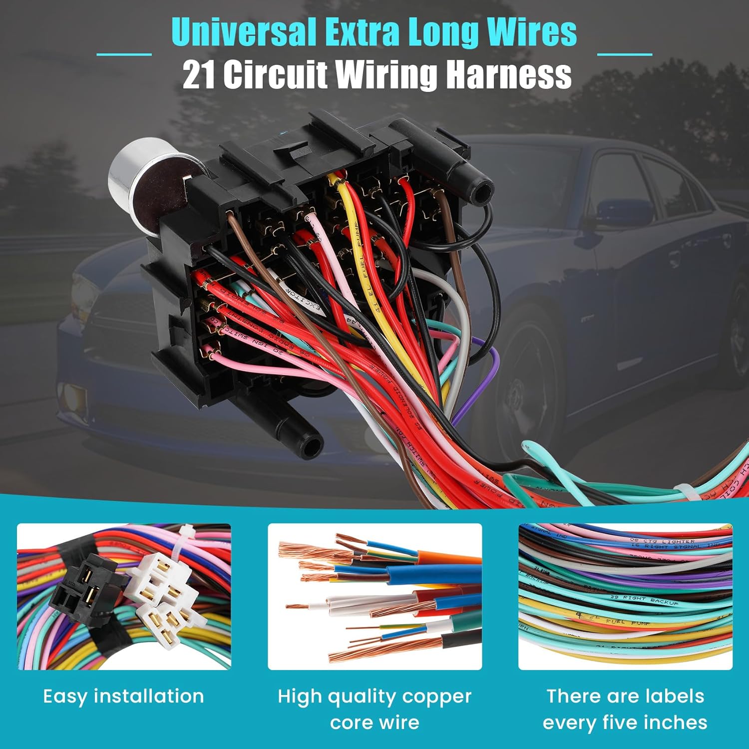 Universal 21 Circuit Wiring Harness Kit, Universal Extra Long Wire 21 Circuit Wiring Harness Standard Color 17 Fuses for GM Chevy Chrysler Dodge Ford Hotrods Plymouth Mopar Mercury Ratrods - Image 4