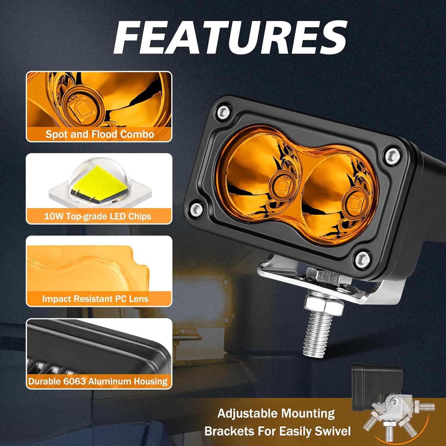 Amber LED Pods, 3 Inch 40W Fog Lights Spot Beam Chase Light Small LED Pods Lights Auxilary Light for Motorcycle Truck UTV SUV ATV Dirt Bike Boat-2 Packs - Image 5