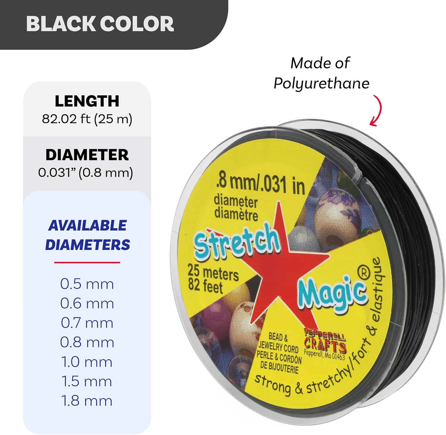 Stretch Magic Elastic Beading Cord – Black Color, 0.8mm in Diameter, 25-Meter (82 ft) - Easy to Knot, Strong & Stretchy String for Making Beaded Jewelry - Image 3