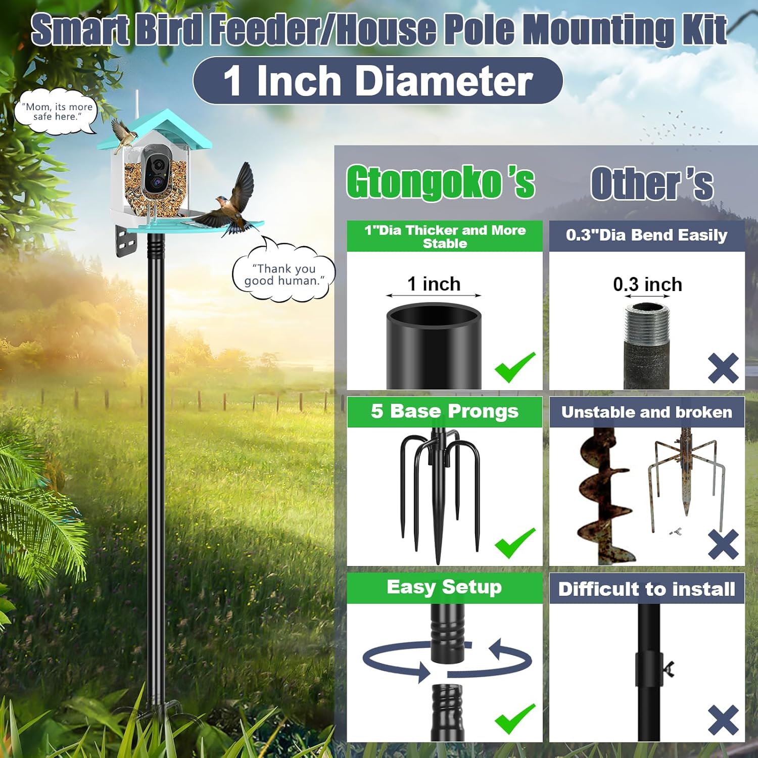 Gtongoko Smart Bird Feeder Pole 1-Inch Dia 79 Inch Bluebird House Pole for Outdoors Weather Station Heavy Duty Metal Mounting Kit Adjustable Bird Feeder Stand Black - Image 2