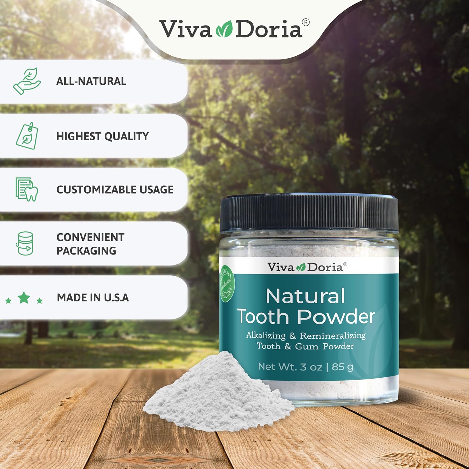 Viva Doria Natural Tooth Powder, Remineralizing, Natural Teeth Whitening, Breath Freshener | Refreshing Mint Flavor | 3 Oz Glass Jar - Image 2