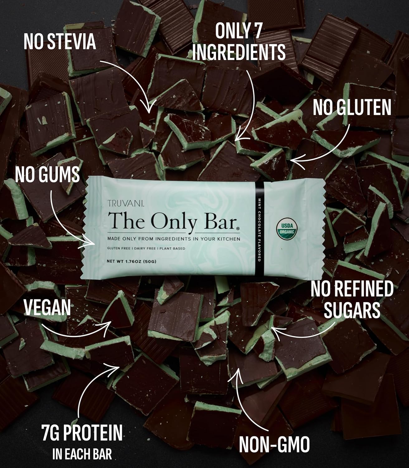 Truvani Plant Based Snack Bars | Chocolate Mint 12 Pack | 7g Protein | USDA Organic and Vegan | The Only Bar | Dairy, Soy, and Gluten Free | Individually Wrapped - Image 2
