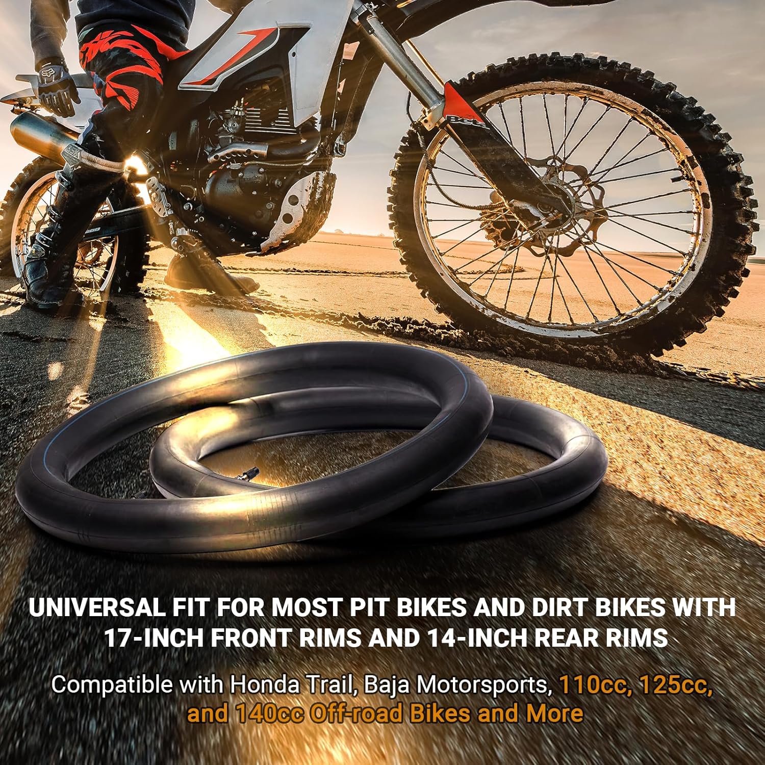 (2-Pack) 2.75-17 (70/100-17) Front and 3.00-14 (90/100-14) Rear Inner Tube for Dirt Bike Tires - Compatible with Honda Trail, Baja Motorsports, 110cc, 125cc, and 140cc Off-Road Bikes and More - Image 4