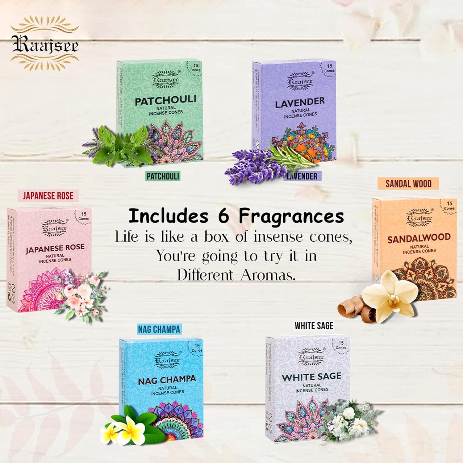 Raajsee Natural Incense Cones,6 Pack Mixed Scents Gift Pack 15 pc Each (90 Total), Insense Cones Variety Pack, 100% Organic Non Toxic Natural - Hand Rolled Free from Chemicals (Pack 1) - Image 8