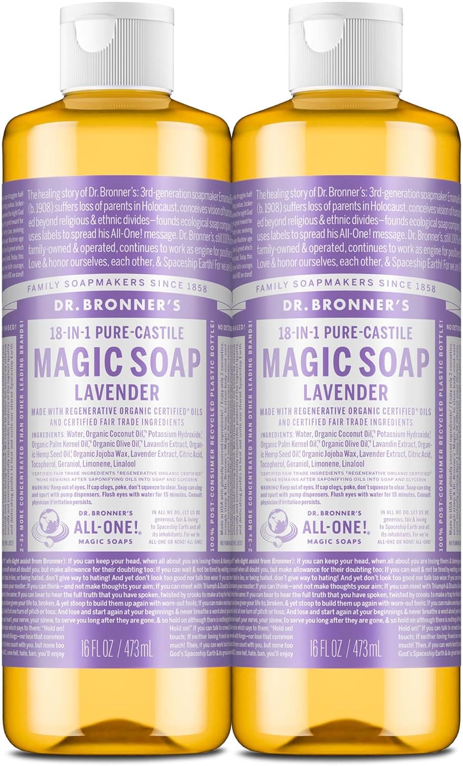 Dr. Bronner's Pure-Castile Magic Liquid Soap (Lavender, 16 Ounce, 2-Pack)- Made with Regenerative Organic Certified Oils, 18-in1 Uses: Face, Hair, Hand & Body Soap, Laundry, Pets- Concentrated, Vegan