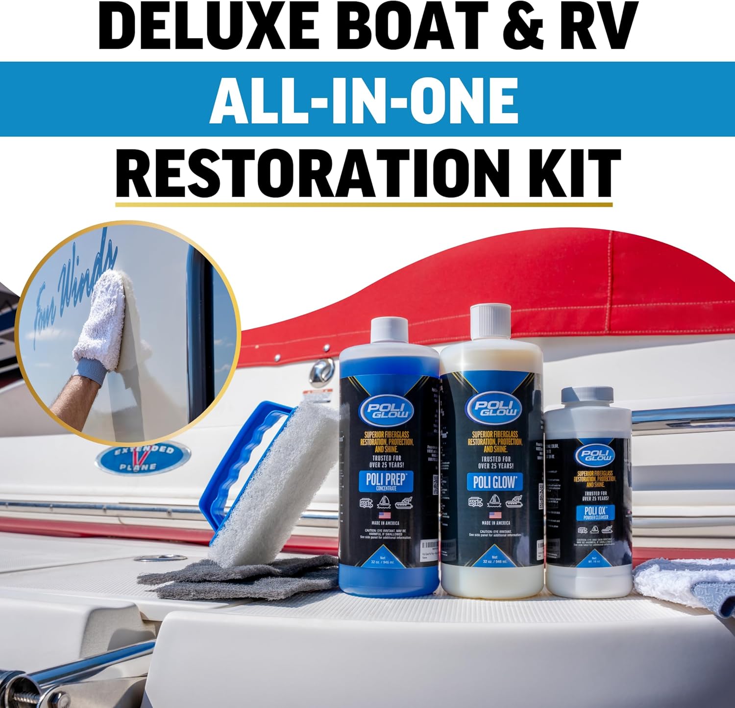 Poli Glow Deluxe Boat & RV Restoration Kit–Removes Oxidation, Seals & Protects–Restores High-Gloss Shine to Fiberglass & Gelcoat–New Liquid or Classic Powder Poli Ox–Easy, Long-Lasting 6-in-1 System - Image 3