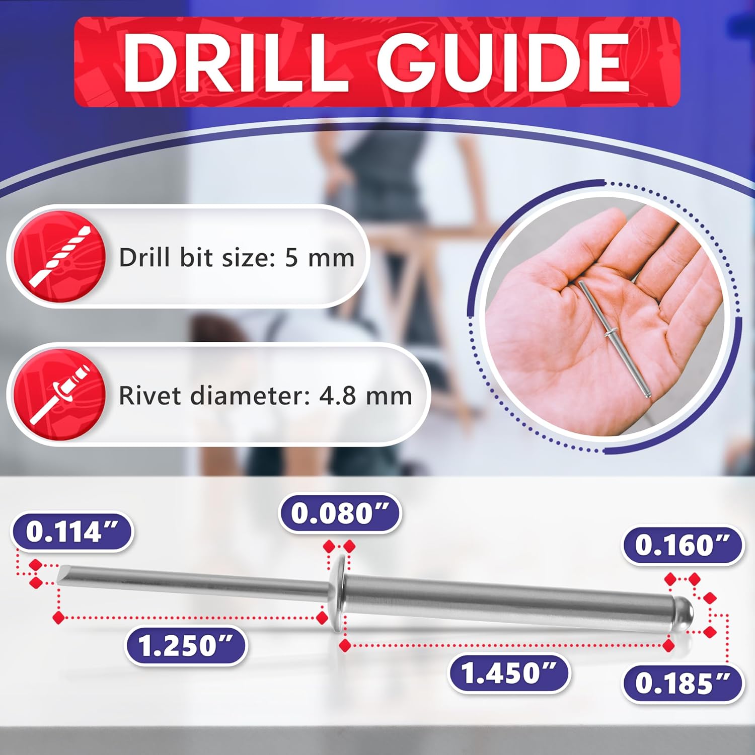 25 Pcs Aluminum Long Rivets 3/16 x 1-1/2 Large Dome Head Long Grip Blind Rivets Grip Range 24–30 mm (0.94–1.18") Heavy Duty for Windows Doors Metal Auto Body Corrosion-Resistant Indoor & Outdoor Use - Image 2